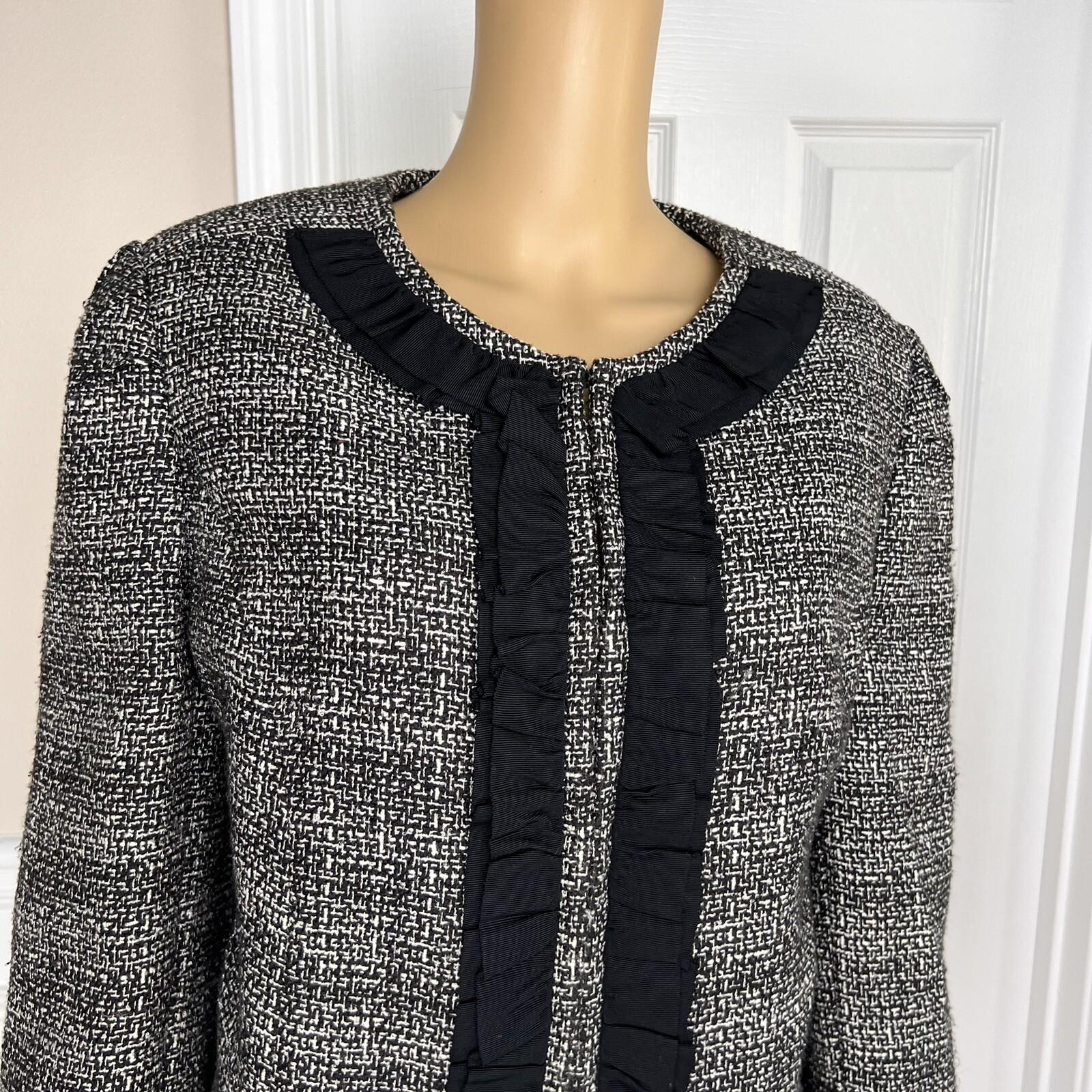TAHARI ASL Women Black White Tweed Lined Collarless Ruffle Blazer Size 14W