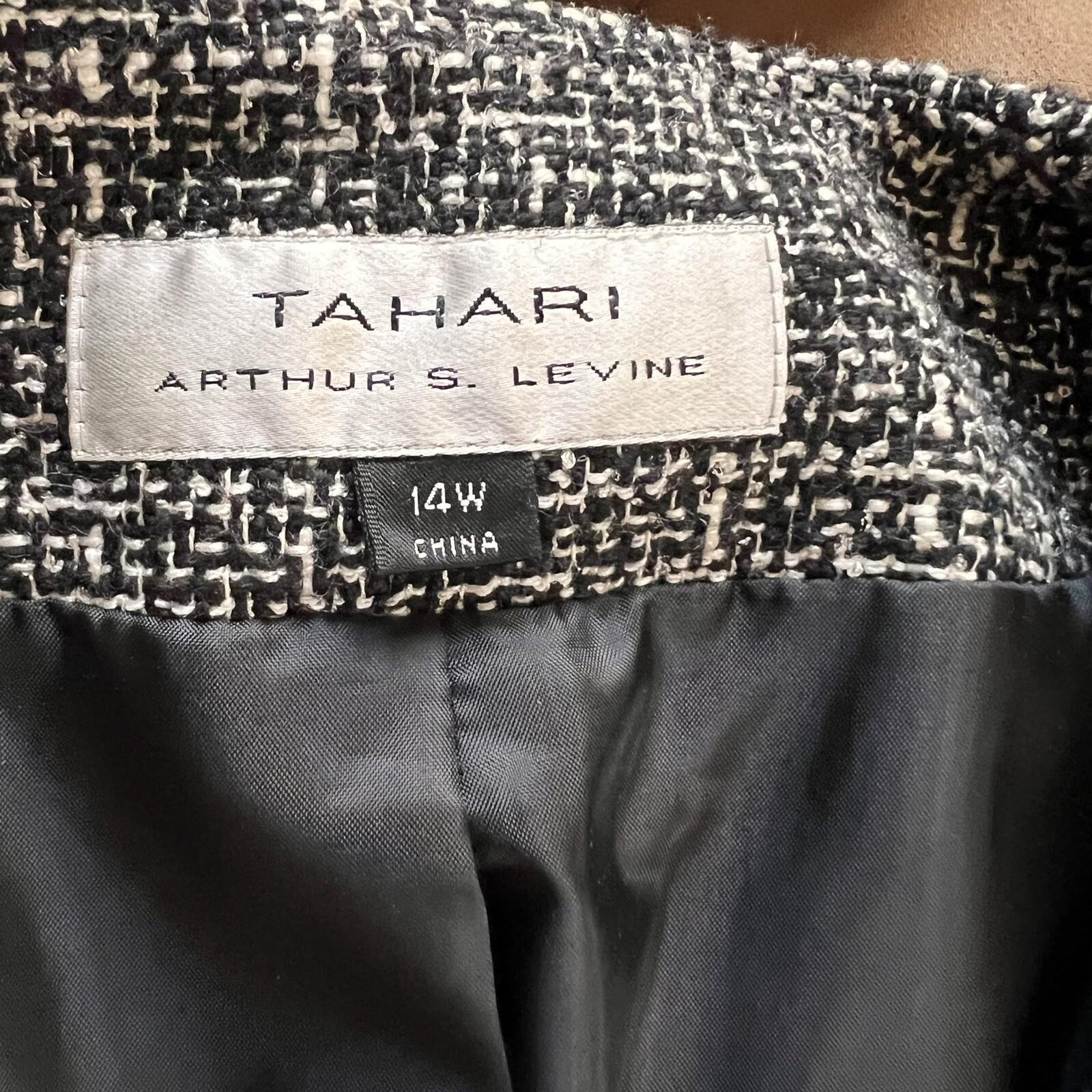 TAHARI ASL Women Black White Tweed Lined Collarless Ruffle Blazer Size 14W