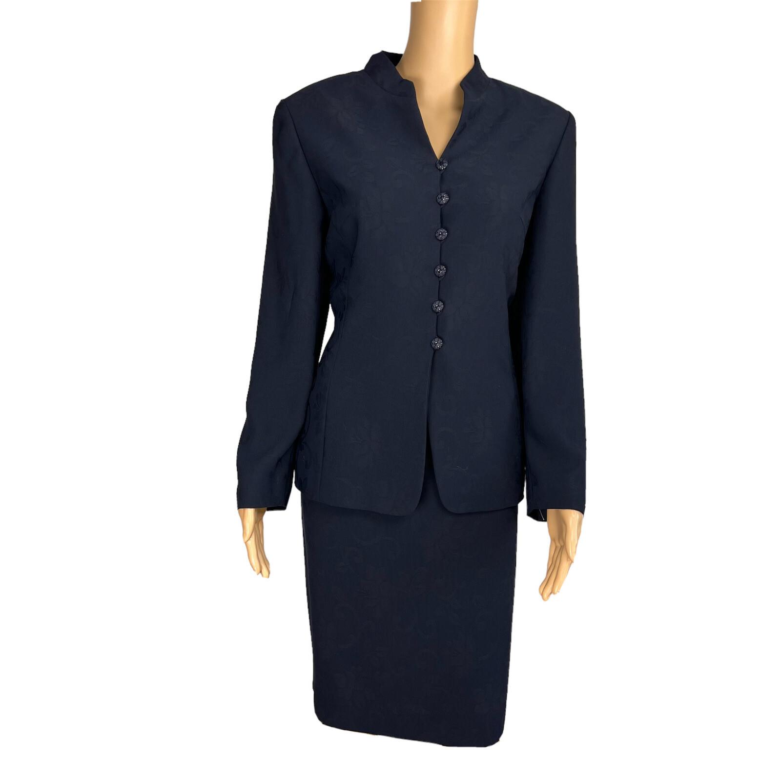 Le Suit Polyester Skirt Suit Size 10P Navy Blue Floral Stand Up Collar 2PC New