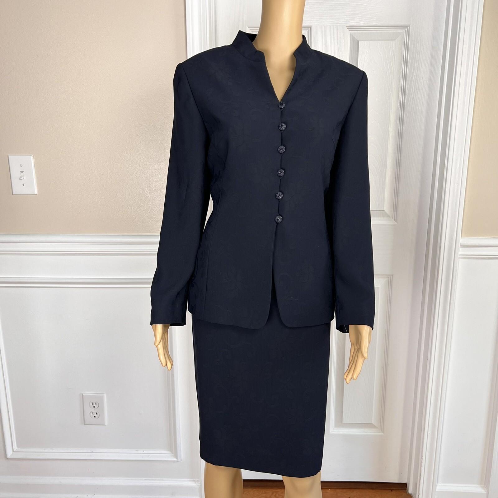 Le Suit Polyester Skirt Suit Size 10P Navy Blue Floral Stand Up Collar 2PC New