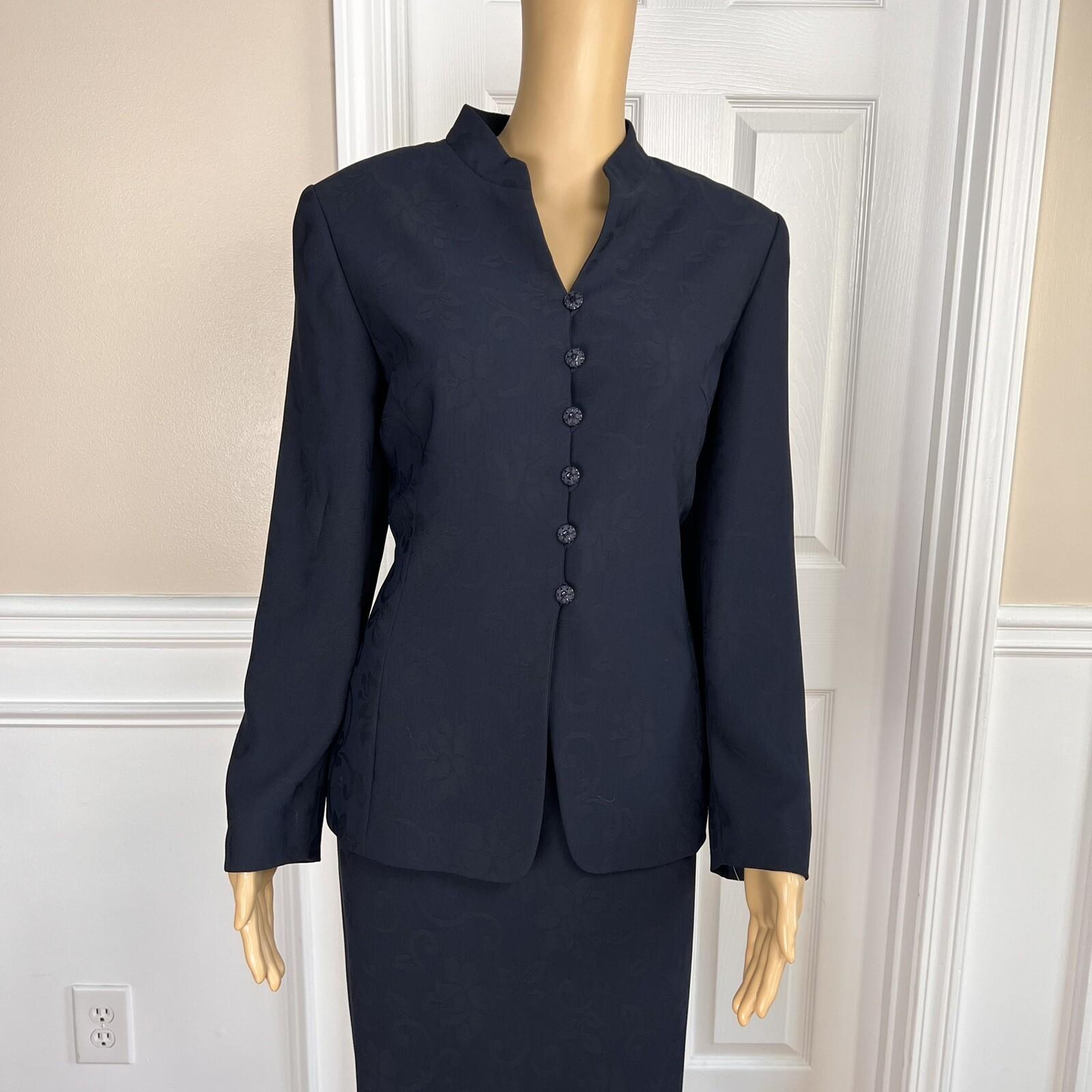 Le Suit Polyester Skirt Suit Size 10P Navy Blue Floral Stand Up Collar 2PC New