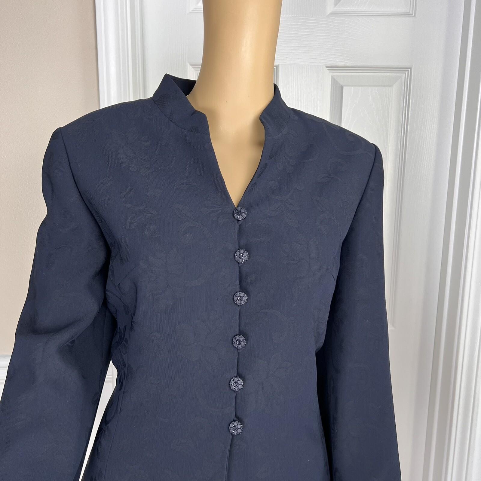 Le Suit Polyester Skirt Suit Size 10P Navy Blue Floral Stand Up Collar 2PC New