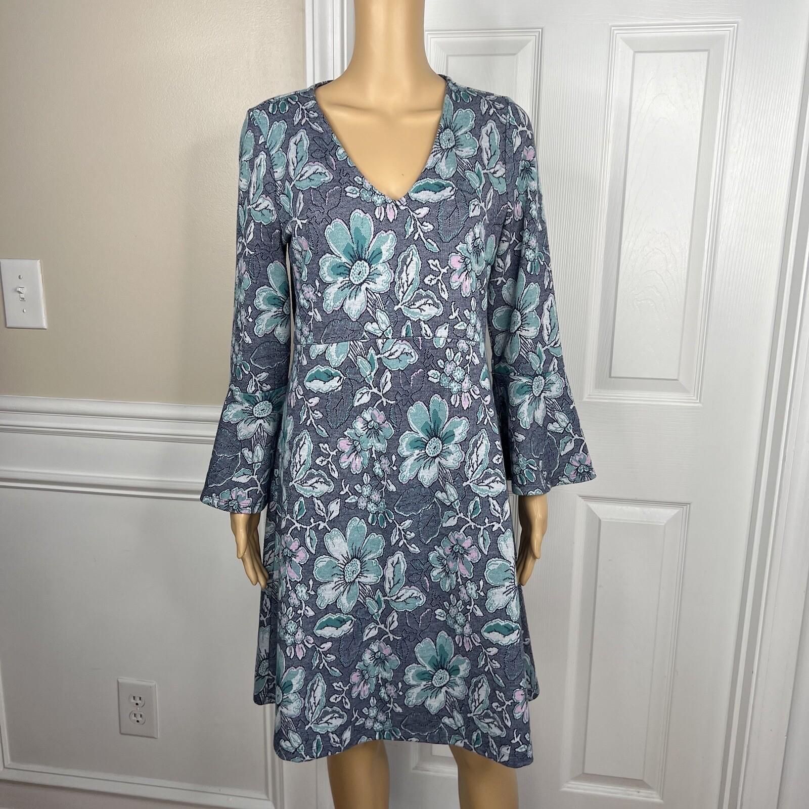 Anthropologie Maeve Rayon Stretch Polyester Dress Size M Blue Floral 3/4 Sleeves