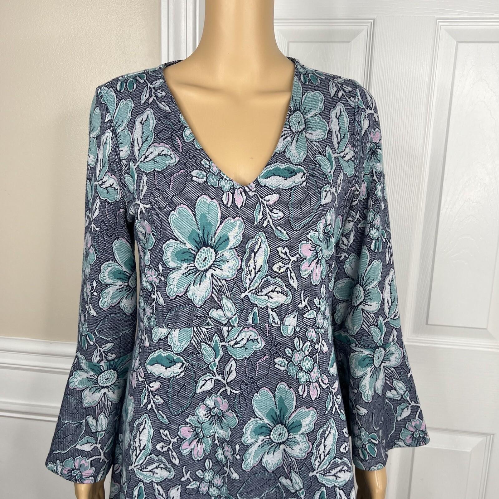 Anthropologie Maeve Rayon Stretch Polyester Dress Size M Blue Floral 3/4 Sleeves