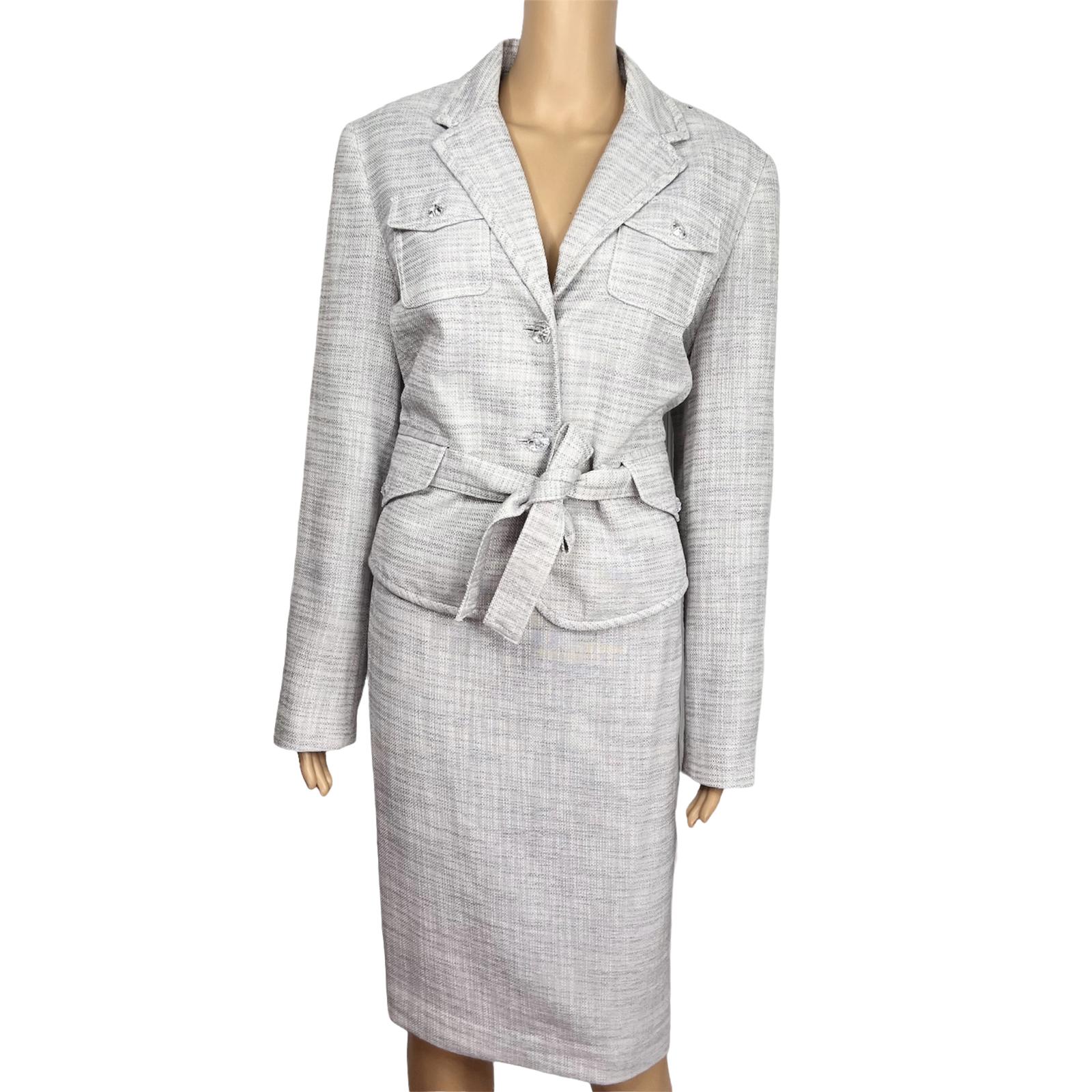 Larry Levine Polyester Rayon Skirt Suit Size 12 Blue Silver Belted Lined 2PC New
