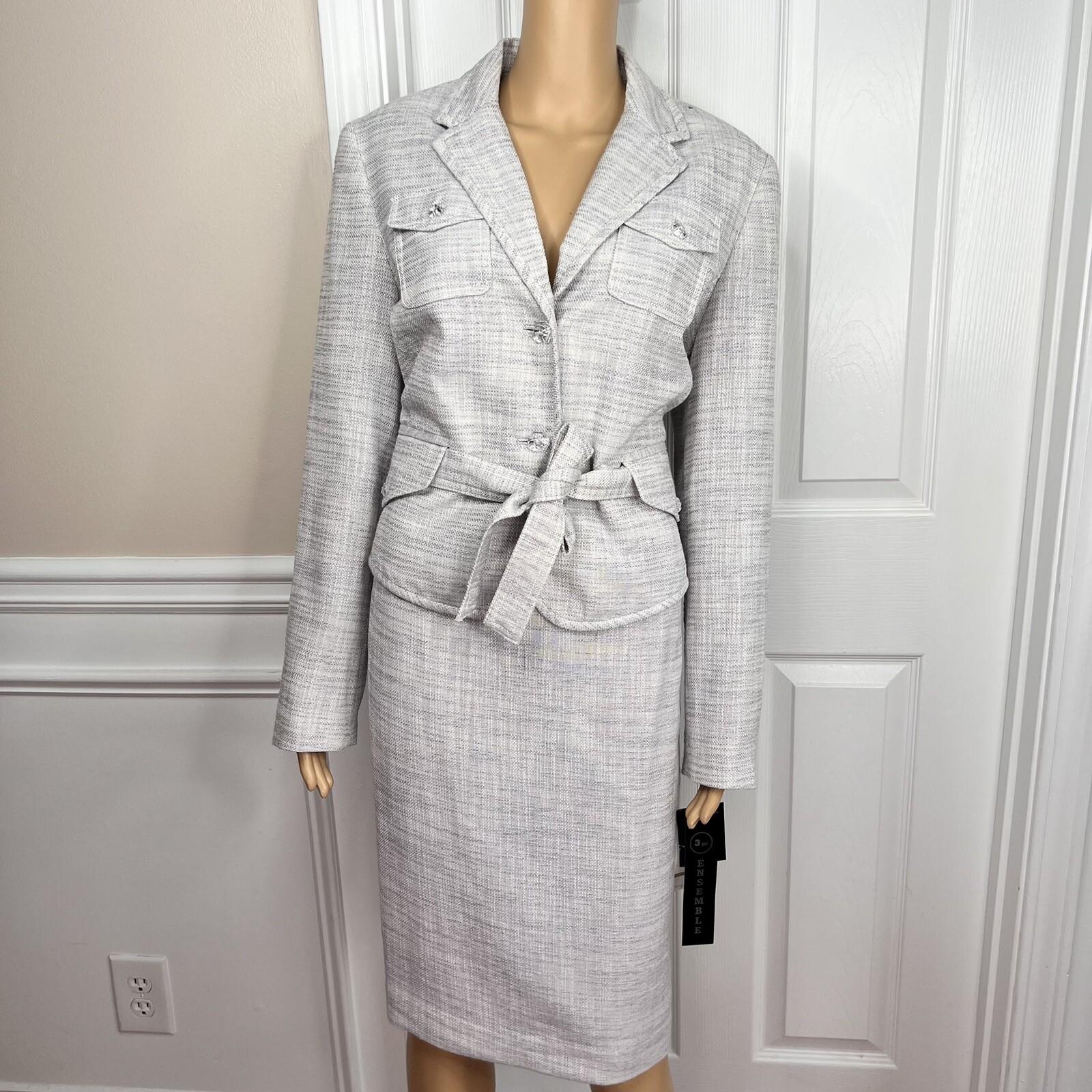 Larry Levine Polyester Rayon Skirt Suit Size 12 Blue Silver Belted Lined 2PC New