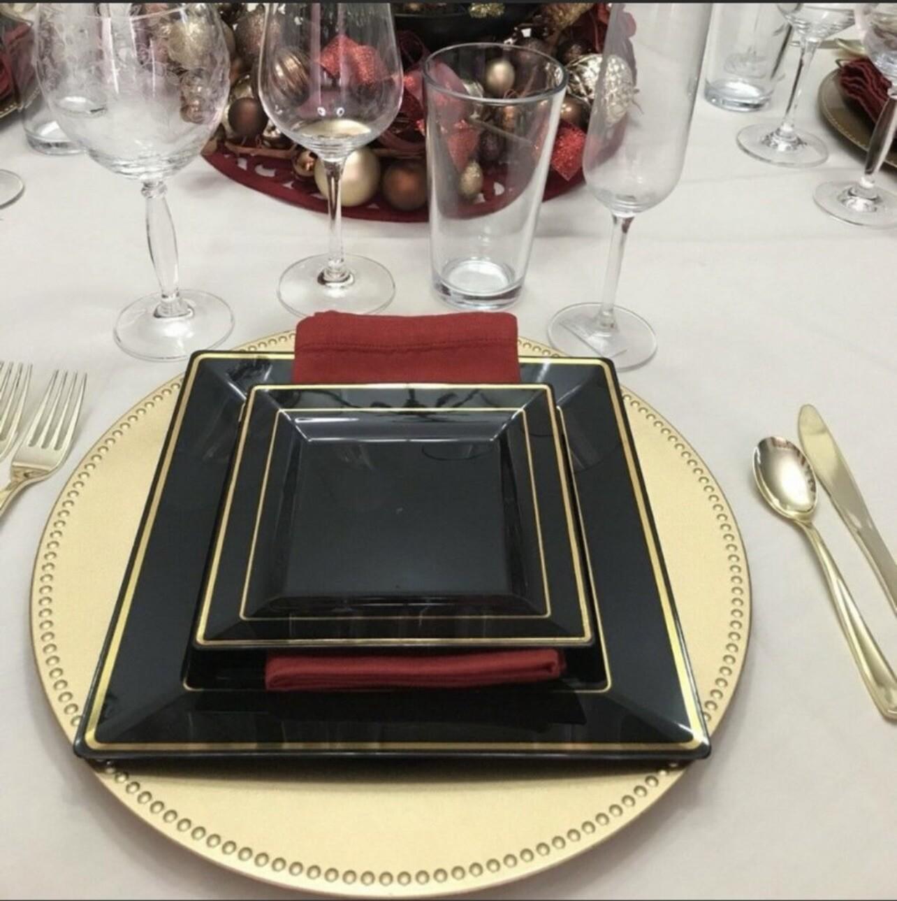 Square Disposable Black Gold Rim Pack of 50  & 25 (9.5 in)  25 (6.5 in) Plates