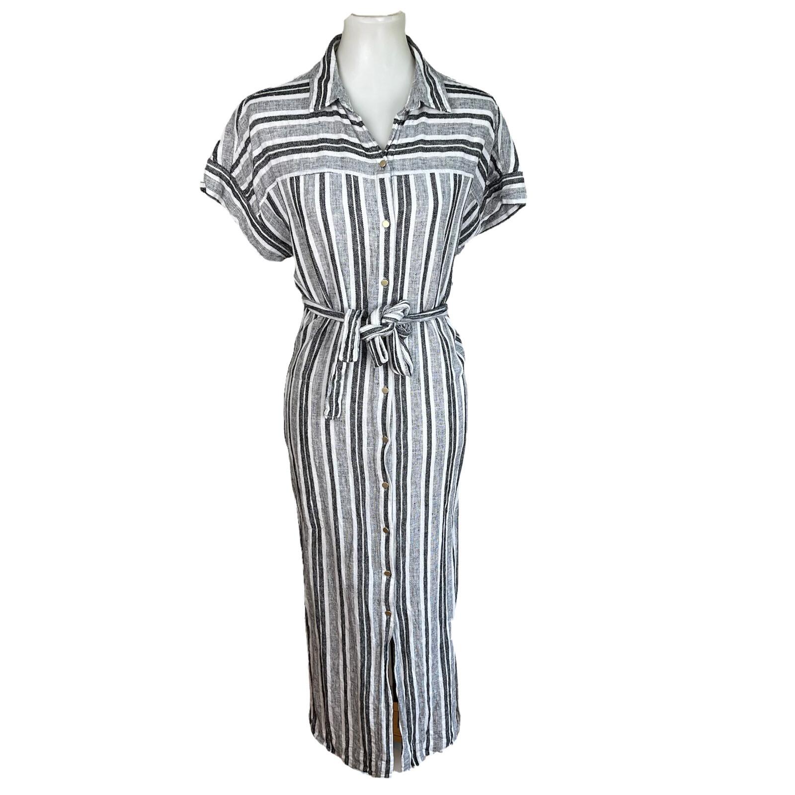 JONES NEW YORK Women Black White Linen Rayon Casual Belted Straight Dress Size M