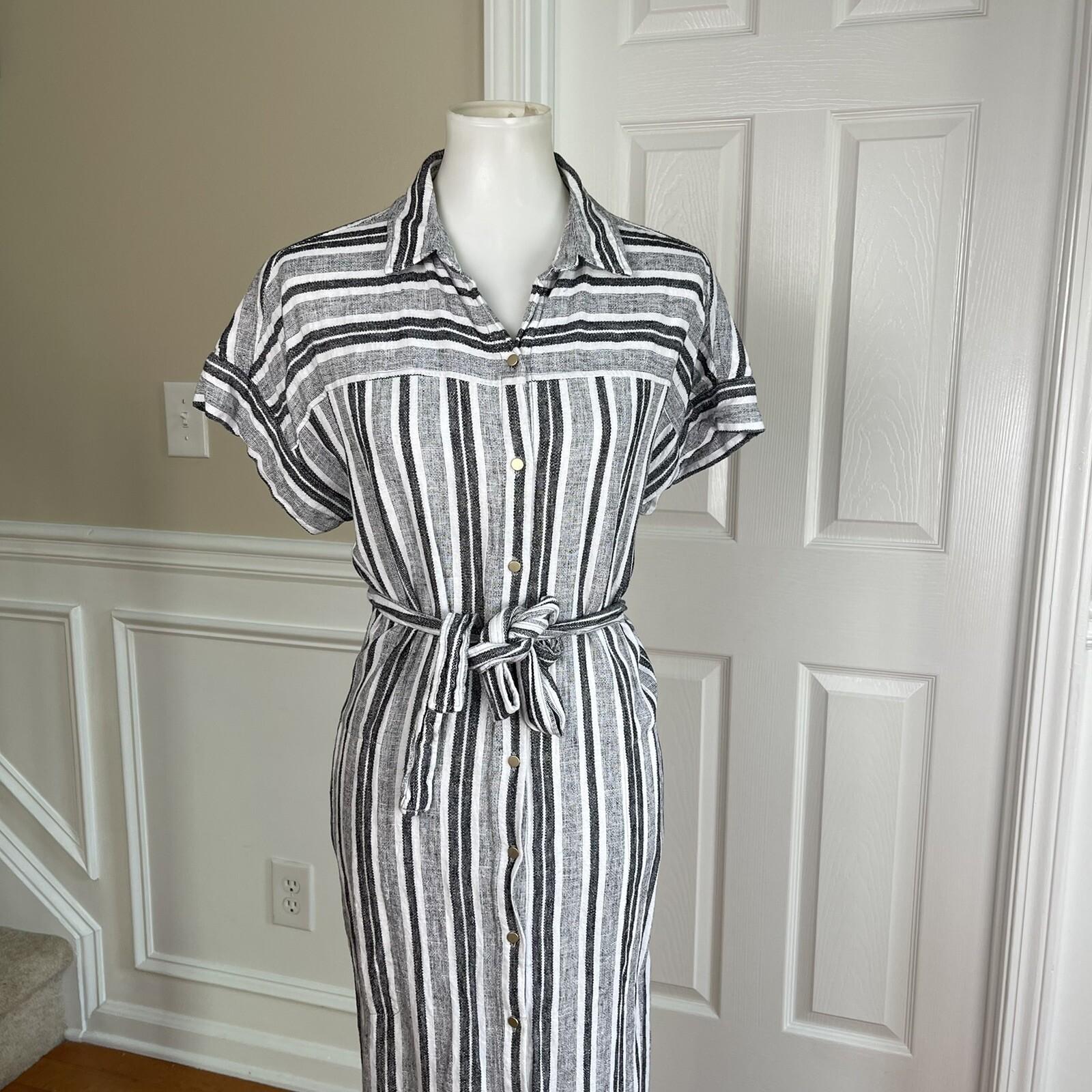 JONES NEW YORK Women Black White Linen Rayon Casual Belted Straight Dress Size M