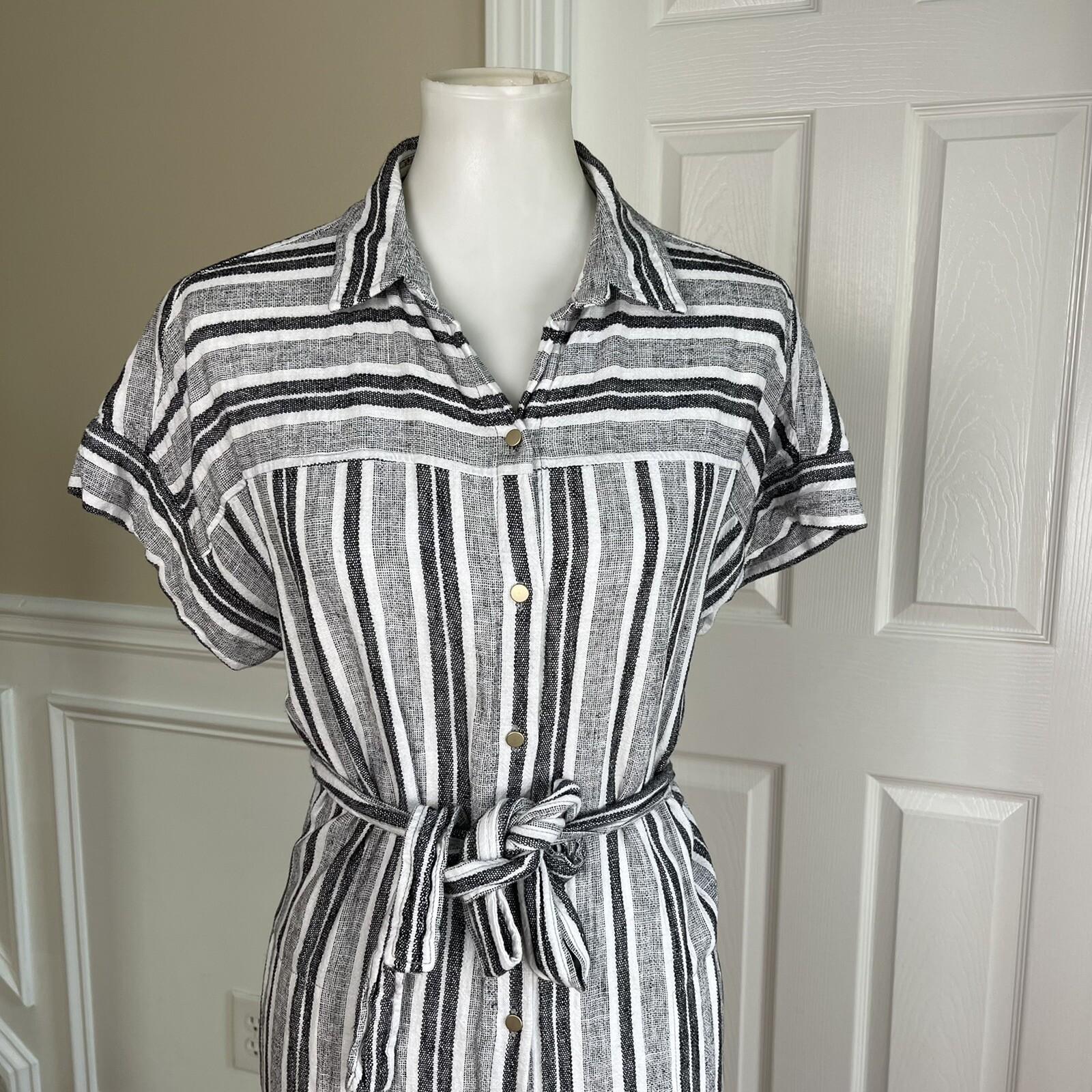 JONES NEW YORK Women Black White Linen Rayon Casual Belted Straight Dress Size M