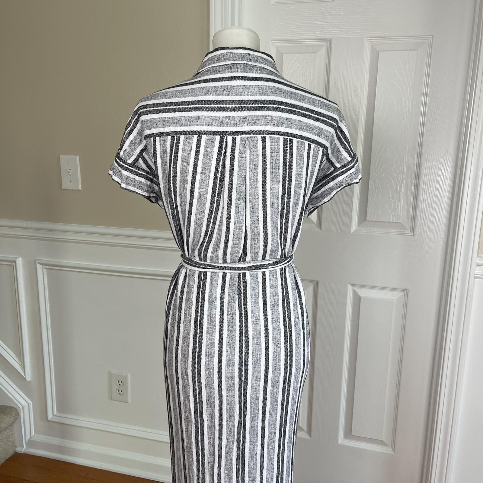 JONES NEW YORK Women Black White Linen Rayon Casual Belted Straight Dress Size M