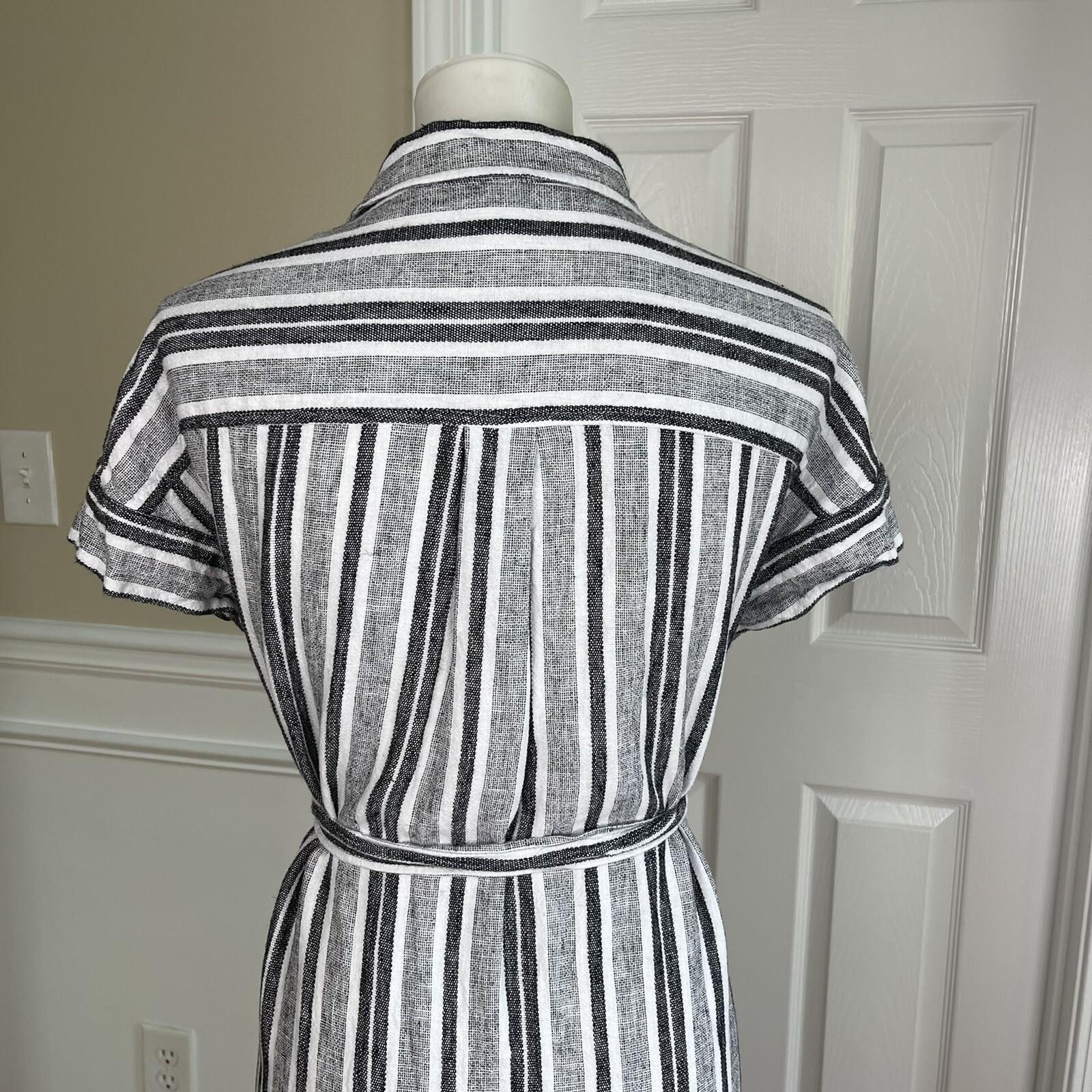 JONES NEW YORK Women Black White Linen Rayon Casual Belted Straight Dress Size M