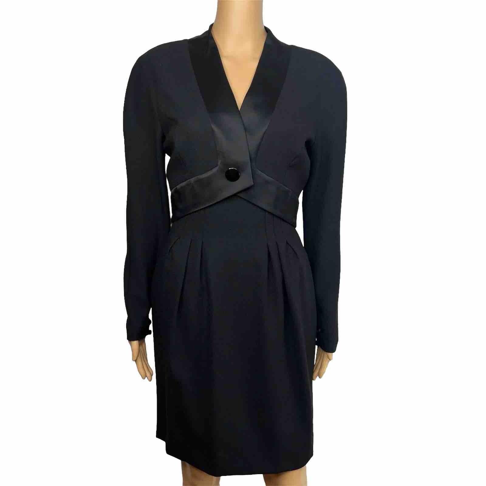 Guy Laroche Vintage 70s Dress Size 36 Wool Tuxedo Black Evening Sheath V Neck