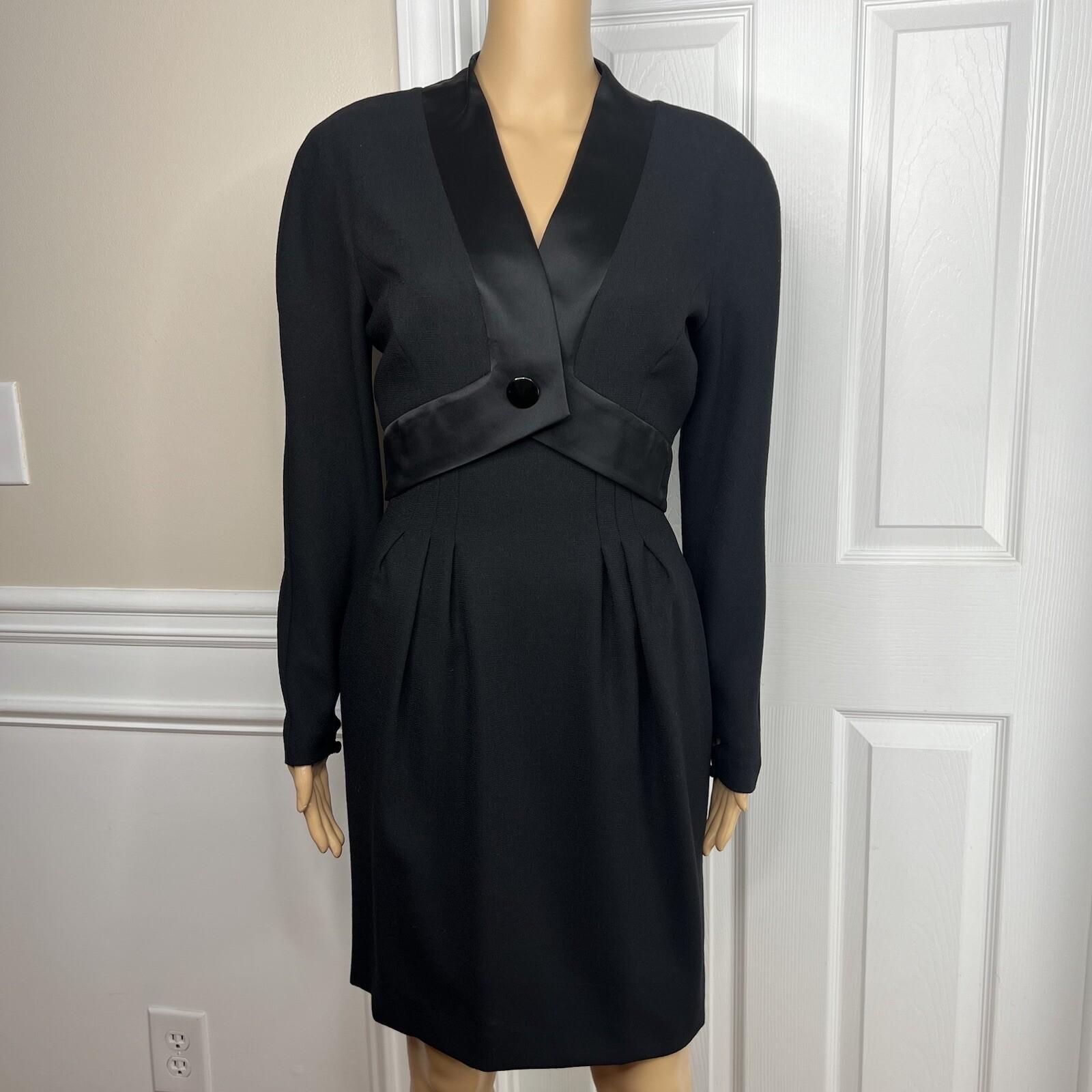 Guy Laroche Vintage 70s Dress Size 36 Wool Tuxedo Black Evening Sheath V Neck