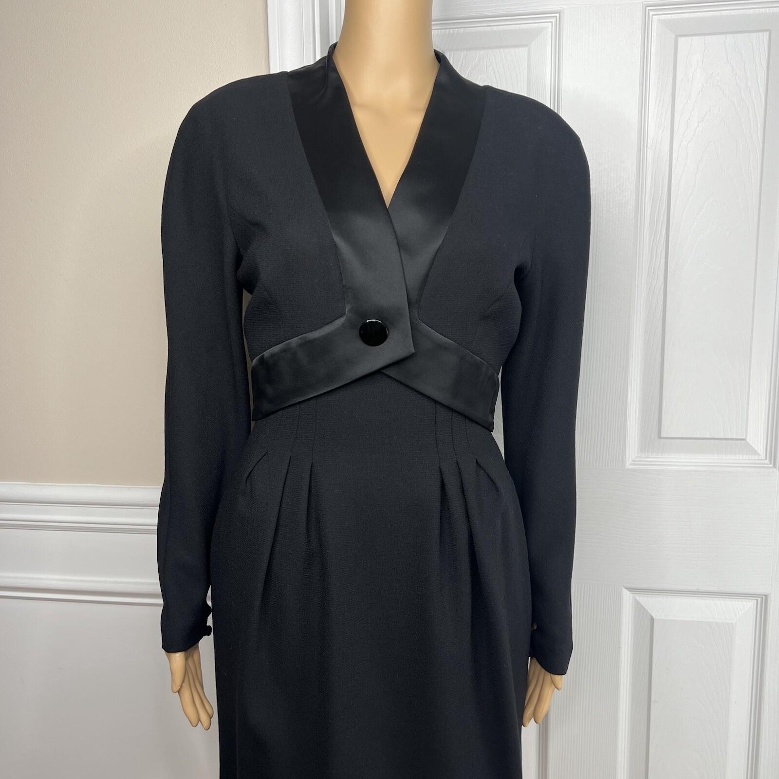 Guy Laroche Vintage 70s Dress Size 36 Wool Tuxedo Black Evening Sheath V Neck