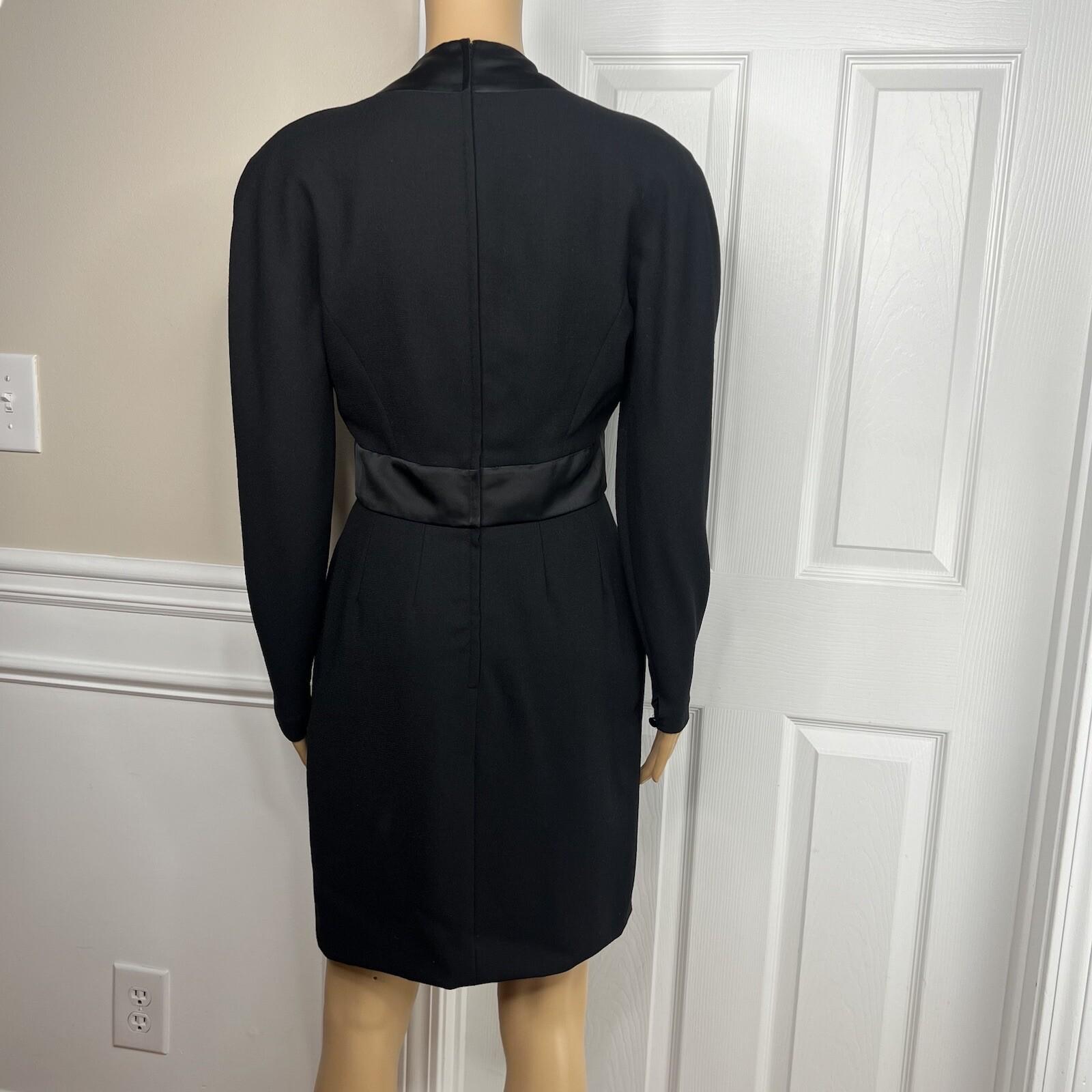 Guy Laroche Vintage 70s Dress Size 36 Wool Tuxedo Black Evening Sheath V Neck
