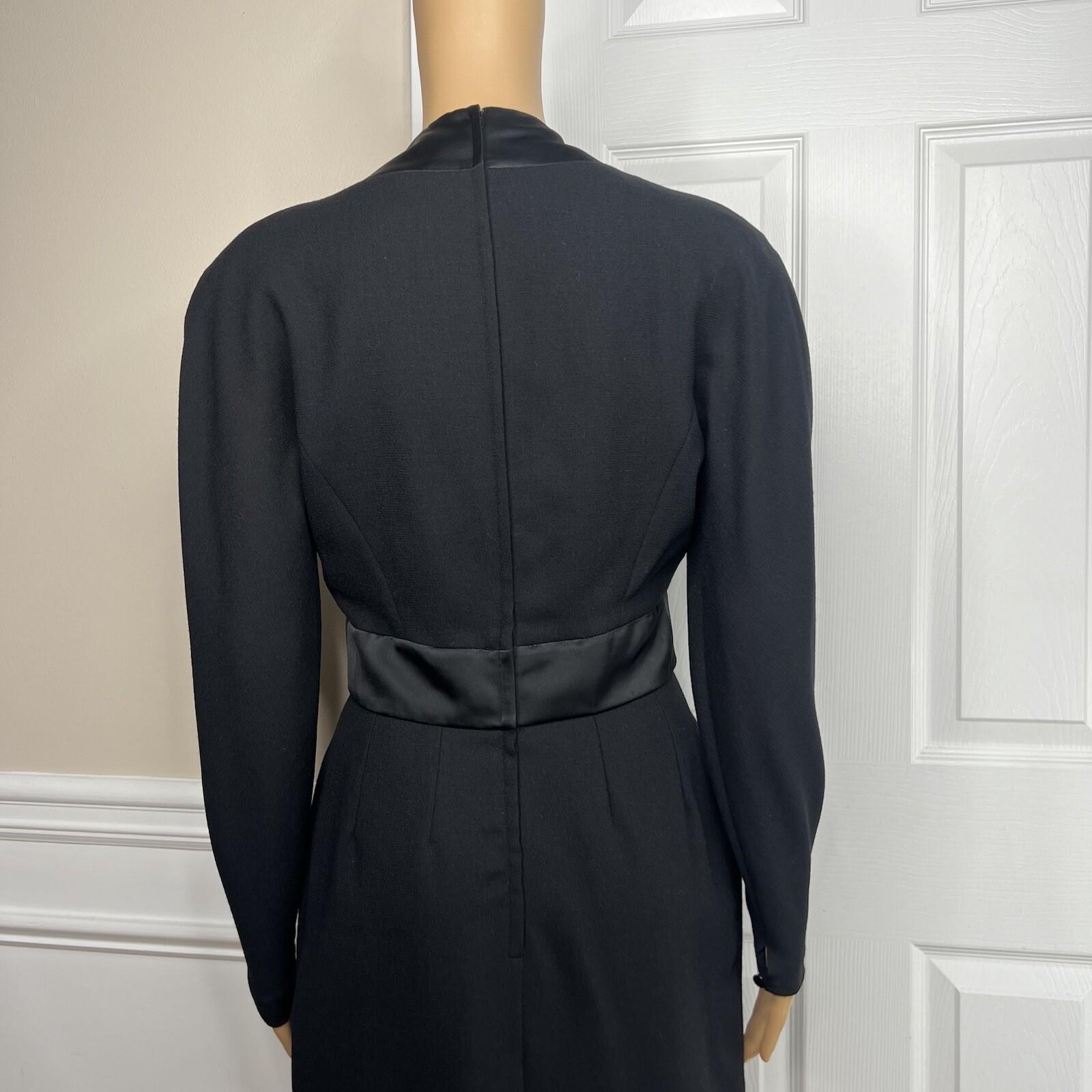 Guy Laroche Vintage 70s Dress Size 36 Wool Tuxedo Black Evening Sheath V Neck