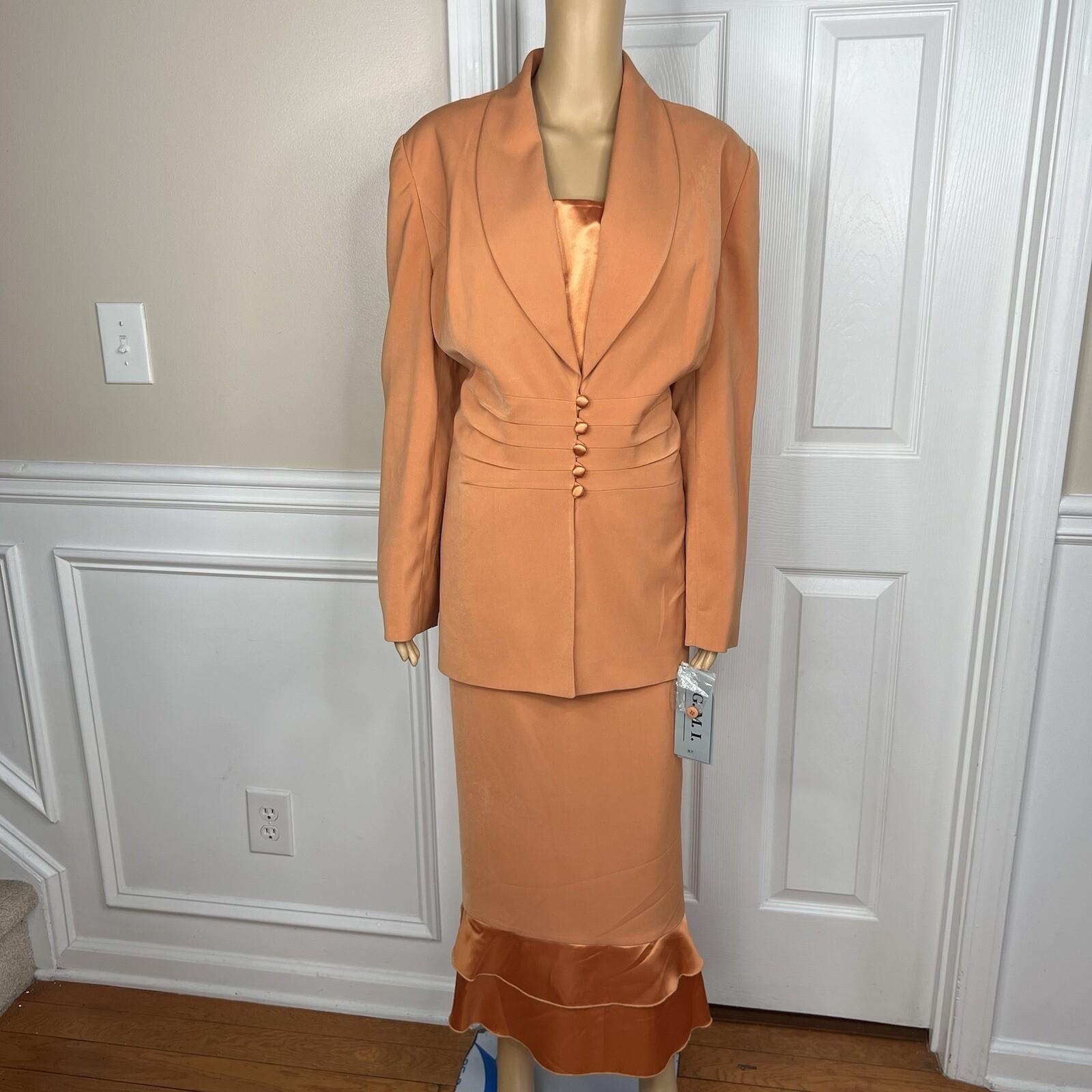 GMI Polyester Skirt Suit Pant 14 Faded Tangerine Ruffle Shawl Collar 3PC New