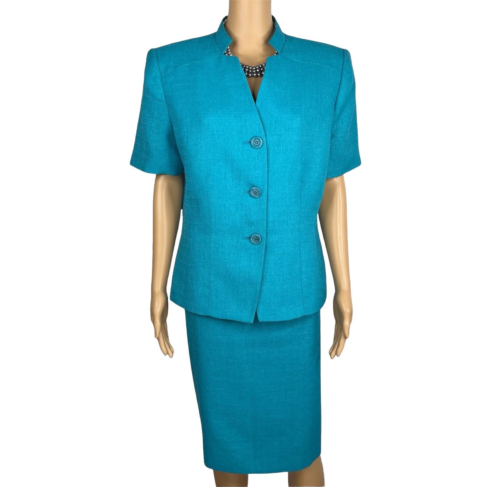 Le Suit Women Polyester Skirt Suit Size 14 Teal Short Sleeve Lined Career 2PC
