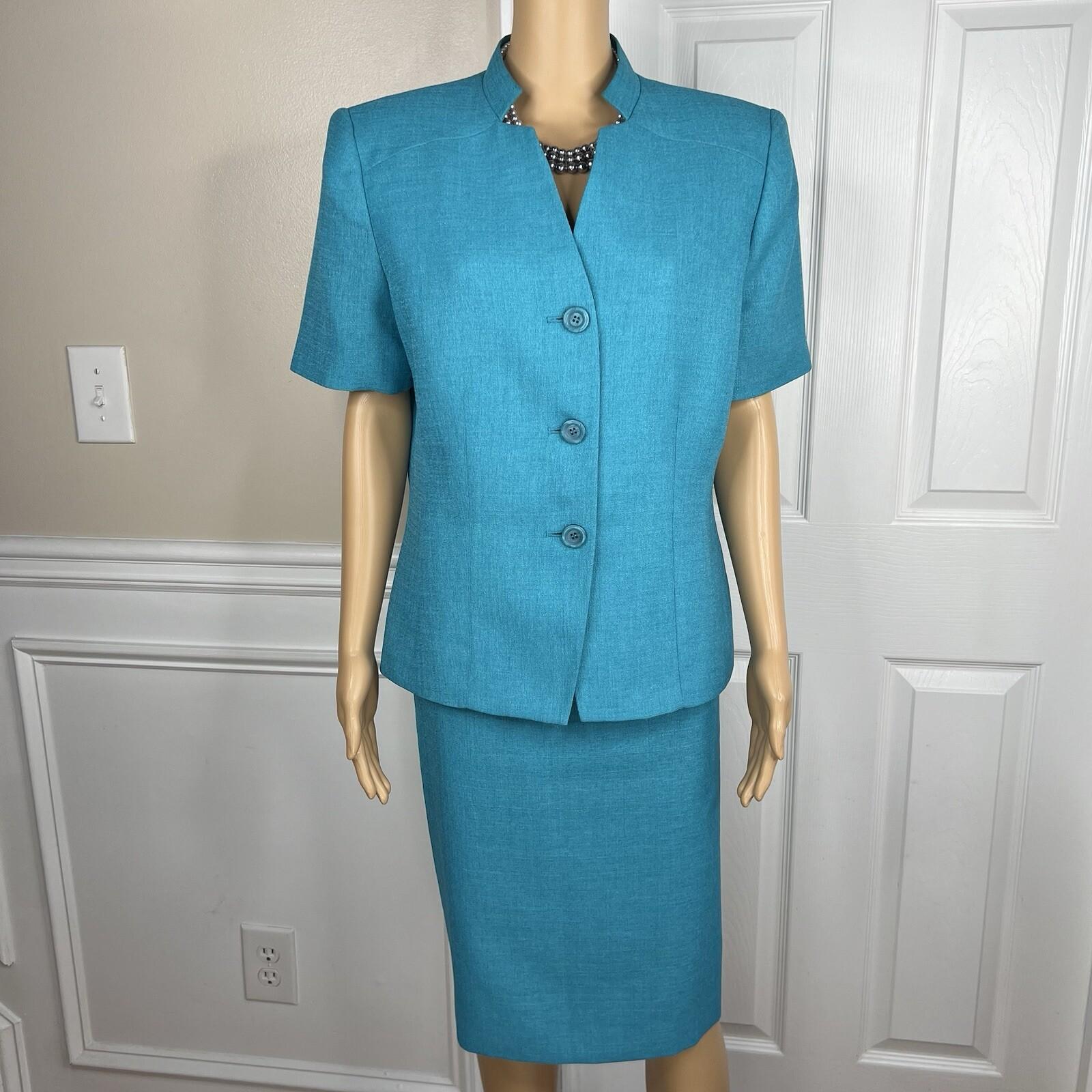 Le Suit Women Polyester Skirt Suit Size 14 Teal Short Sleeve Lined Career 2PC