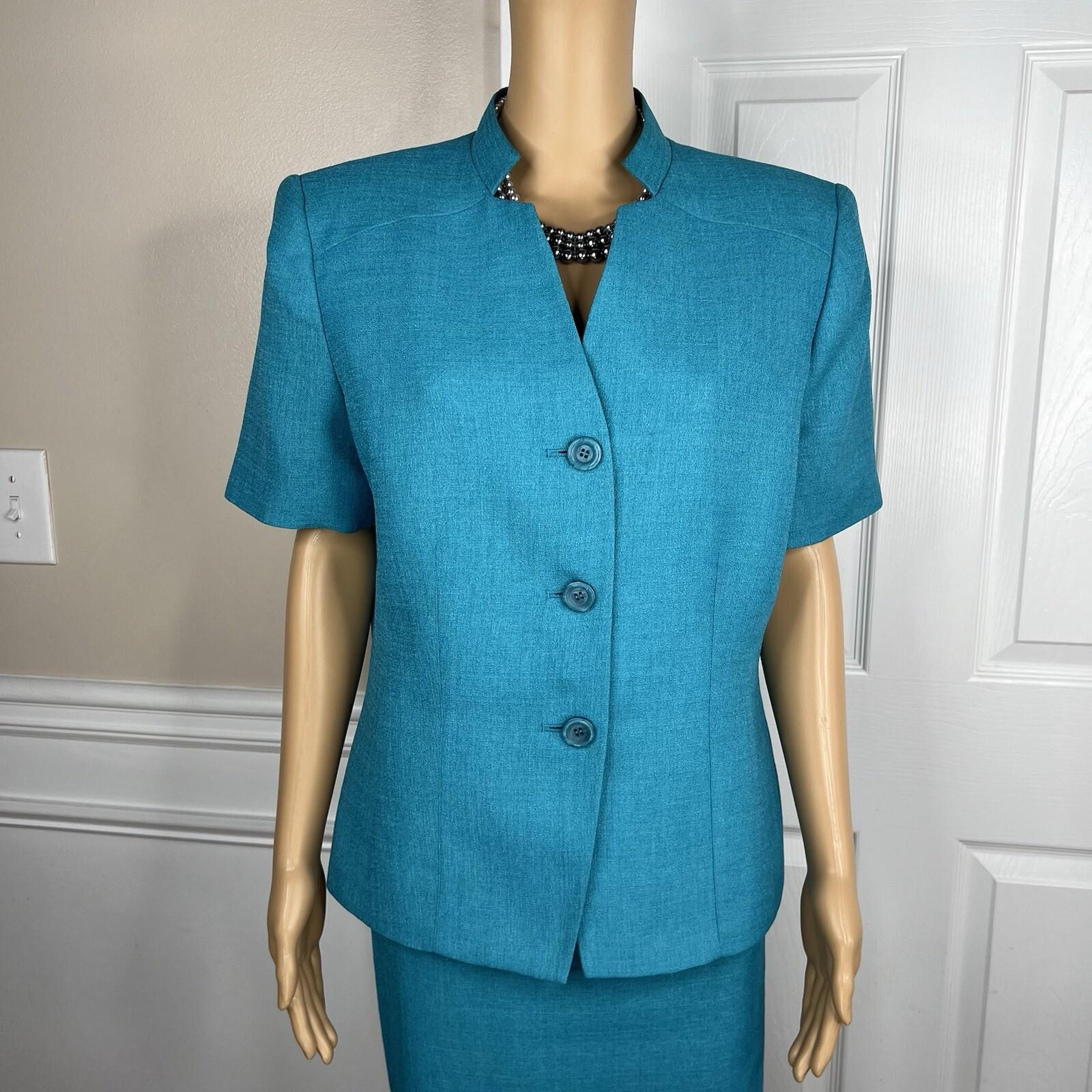 Le Suit Women Polyester Skirt Suit Size 14 Teal Short Sleeve Lined Career 2PC