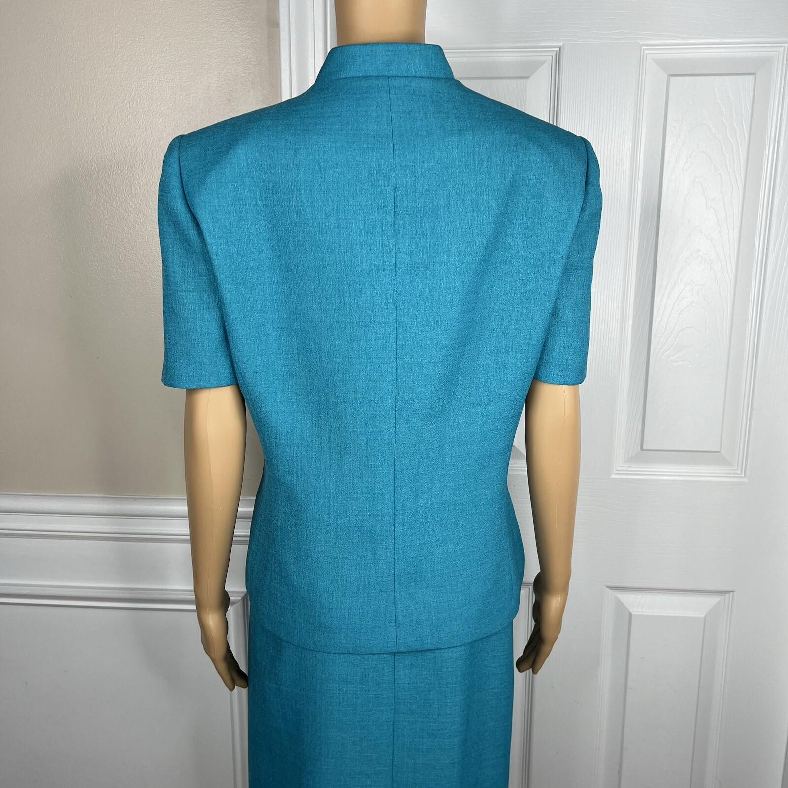 Le Suit Women Polyester Skirt Suit Size 14 Teal Short Sleeve Lined Career 2PC