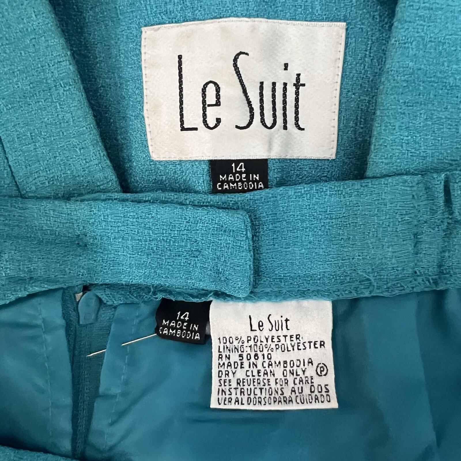 Le Suit Women Polyester Skirt Suit Size 14 Teal Short Sleeve Lined Career 2PC