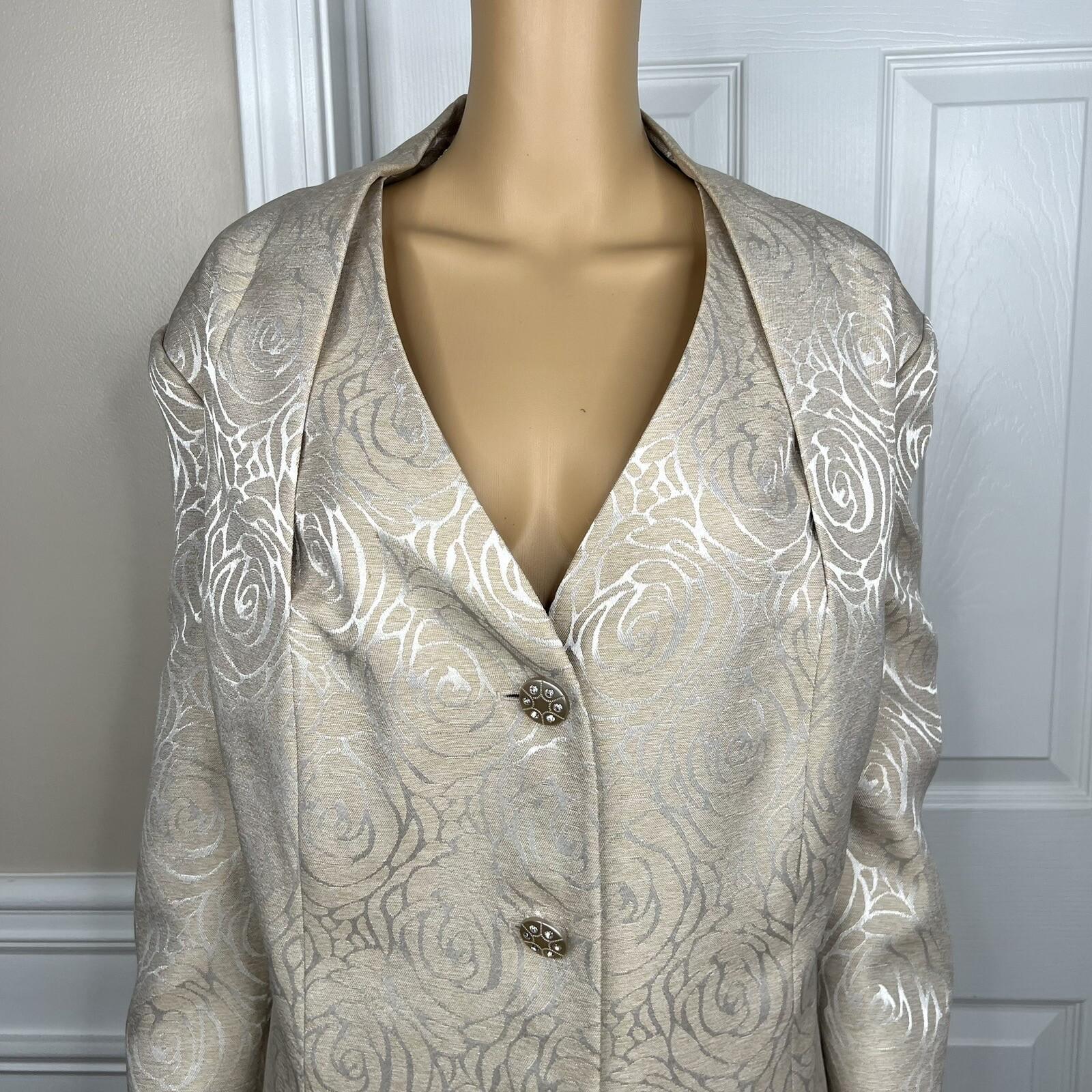 KASPER Polyester Skirt Suit Size 20W Stand Up Collar Beige Silver Cocktail 2PC