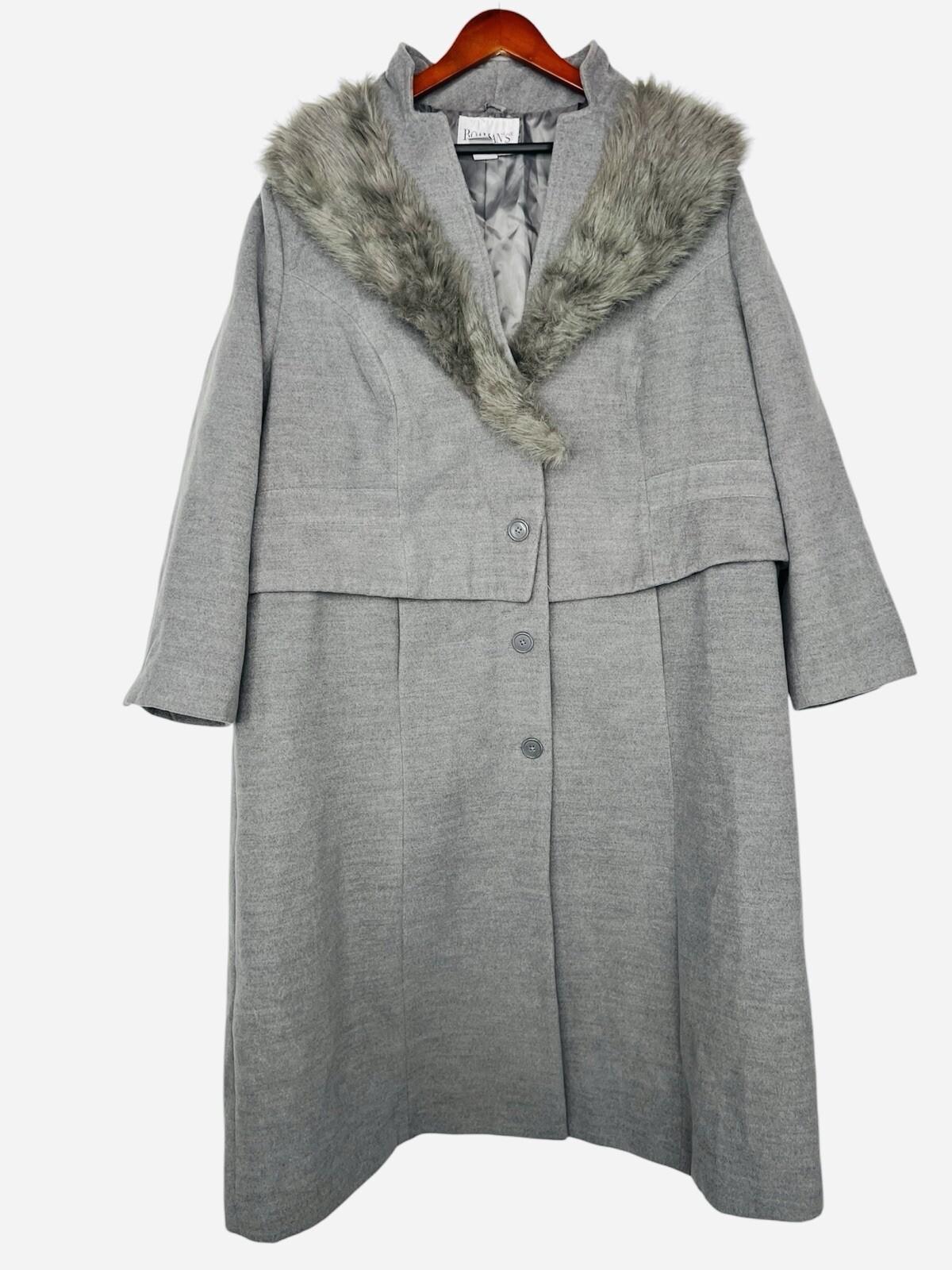 Roaman's Women Tweed Coat Size 28W Light Gray Faux Fur Collar Warm Cozy Maxi