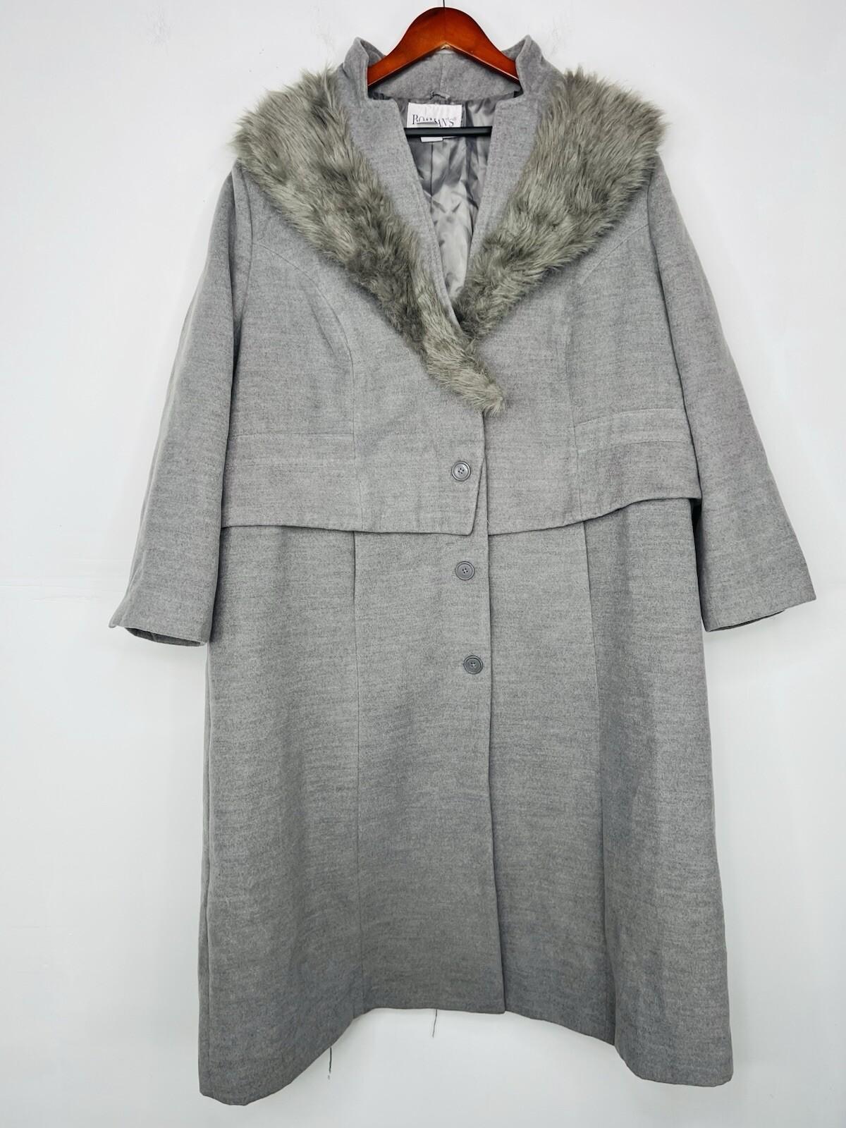 Roaman's Women Tweed Coat Size 28W Light Gray Faux Fur Collar Warm Cozy Maxi