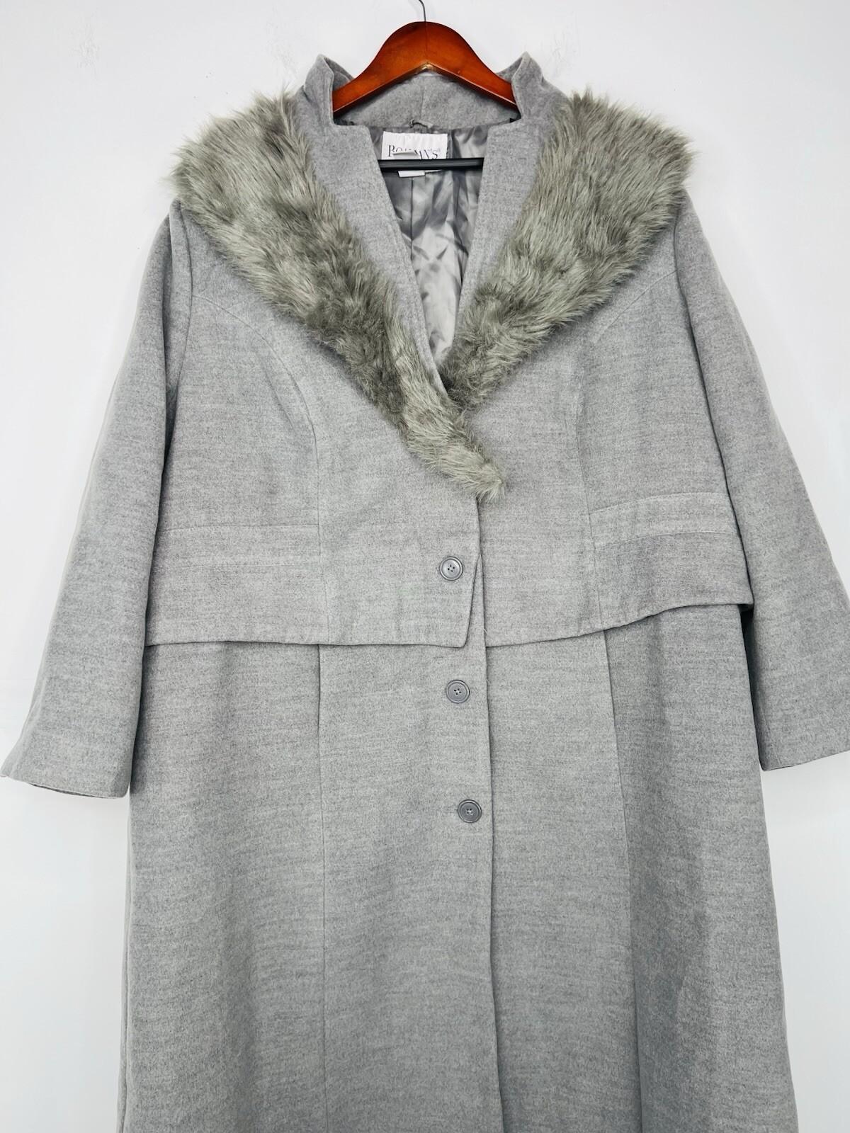 Roaman's Women Tweed Coat Size 28W Light Gray Faux Fur Collar Warm Cozy Maxi