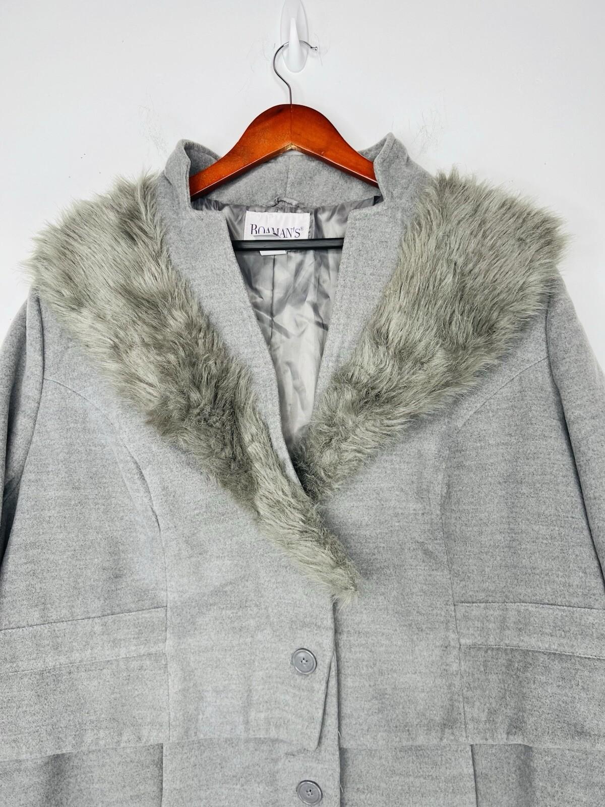 Roaman's Women Tweed Coat Size 28W Light Gray Faux Fur Collar Warm Cozy Maxi