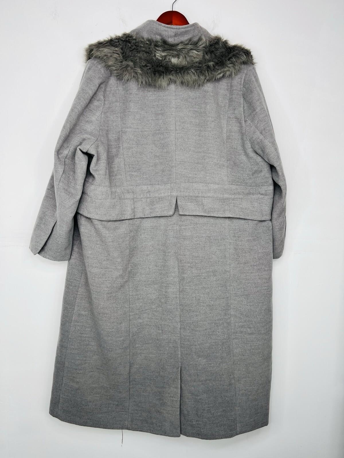 Roaman's Women Tweed Coat Size 28W Light Gray Faux Fur Collar Warm Cozy Maxi
