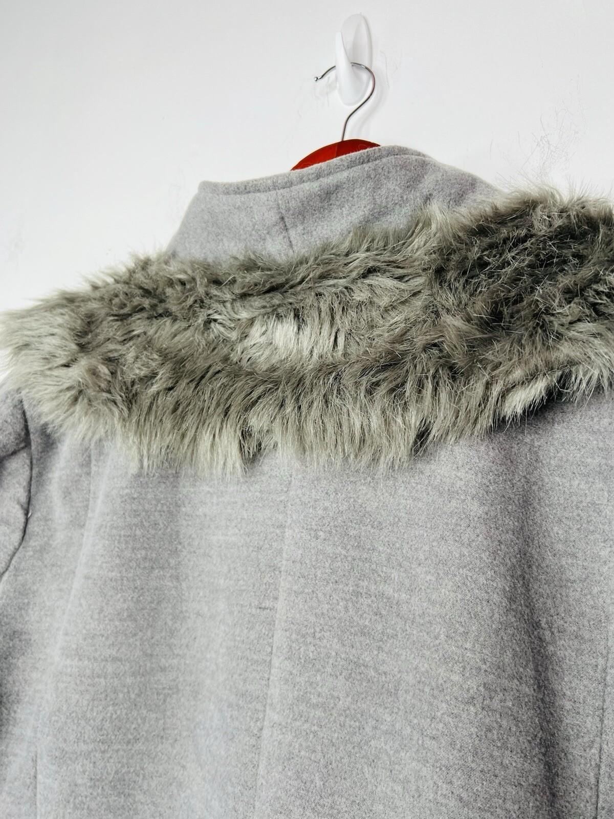 Roaman's Women Tweed Coat Size 28W Light Gray Faux Fur Collar Warm Cozy Maxi