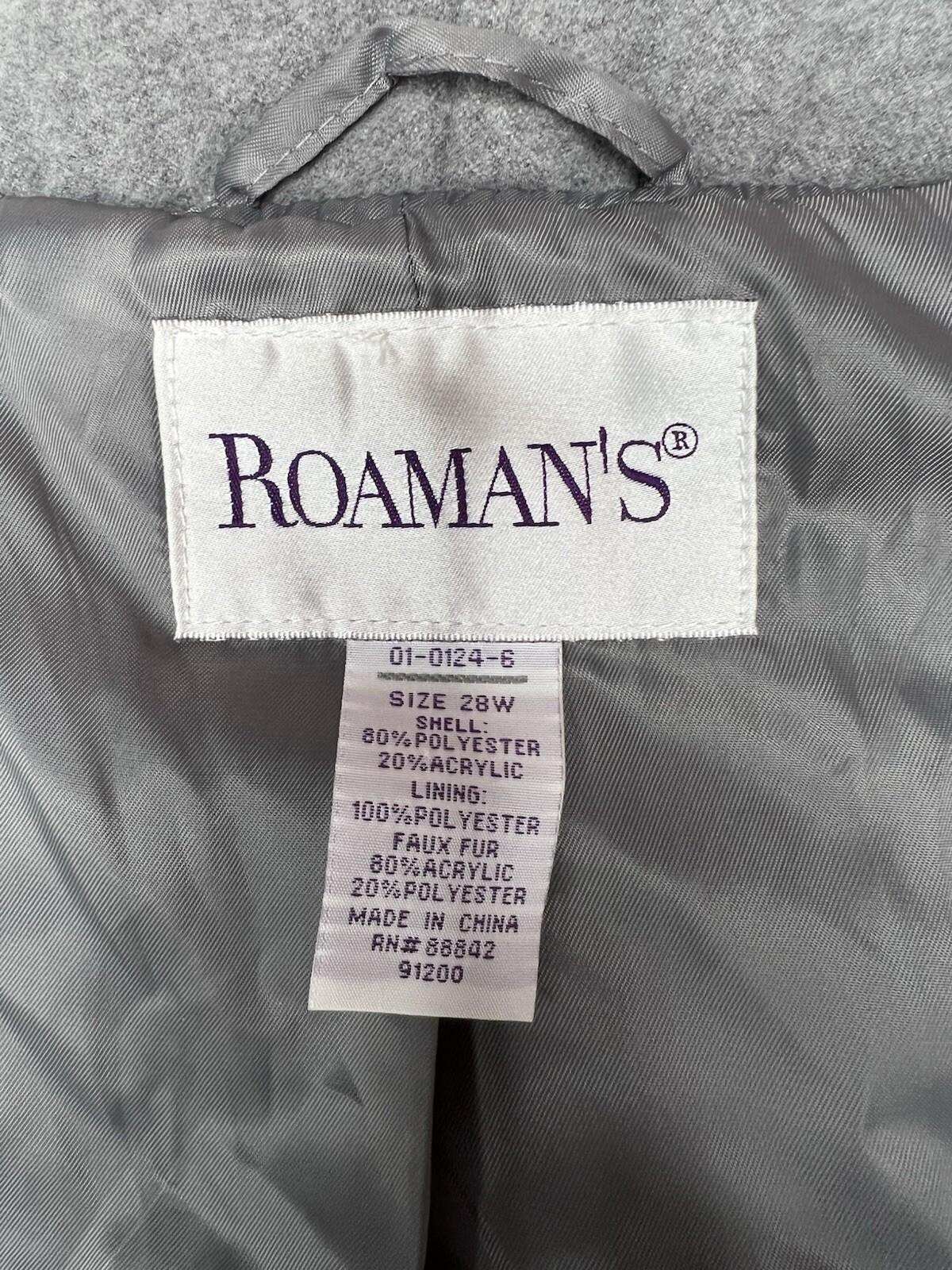 Roaman's Women Tweed Coat Size 28W Light Gray Faux Fur Collar Warm Cozy Maxi