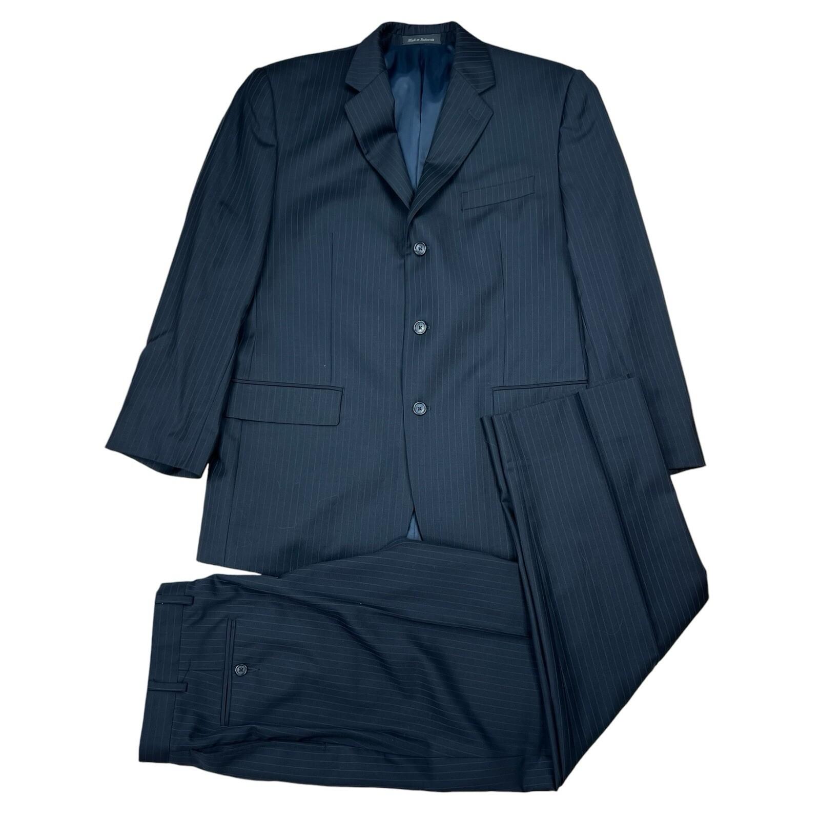 Calvin Klein Wool Suit 42R Pants 35x30 Black Striped Slim Fit Notch Collar 2PC