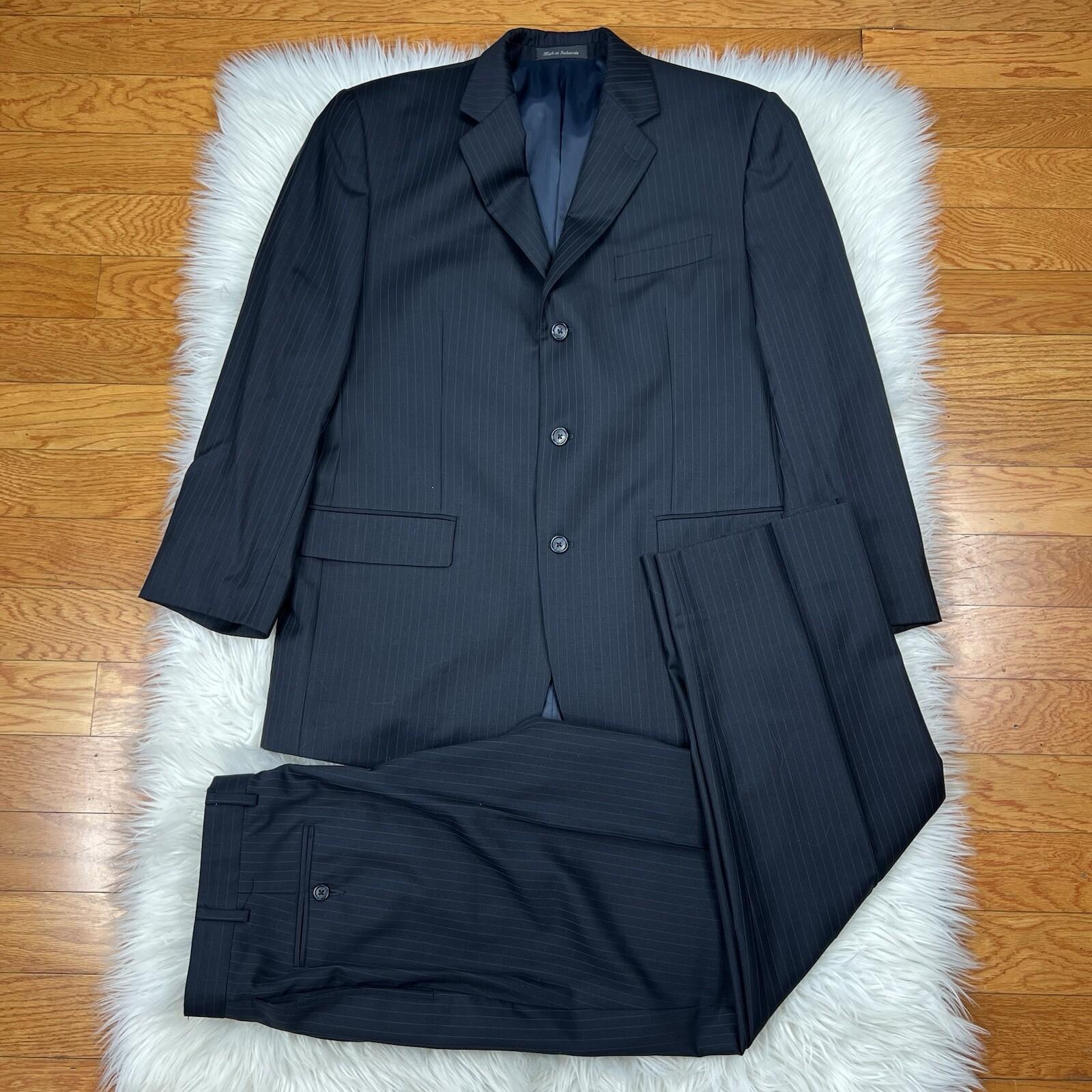Calvin Klein Wool Suit 42R Pants 35x30 Black Striped Slim Fit Notch Collar 2PC