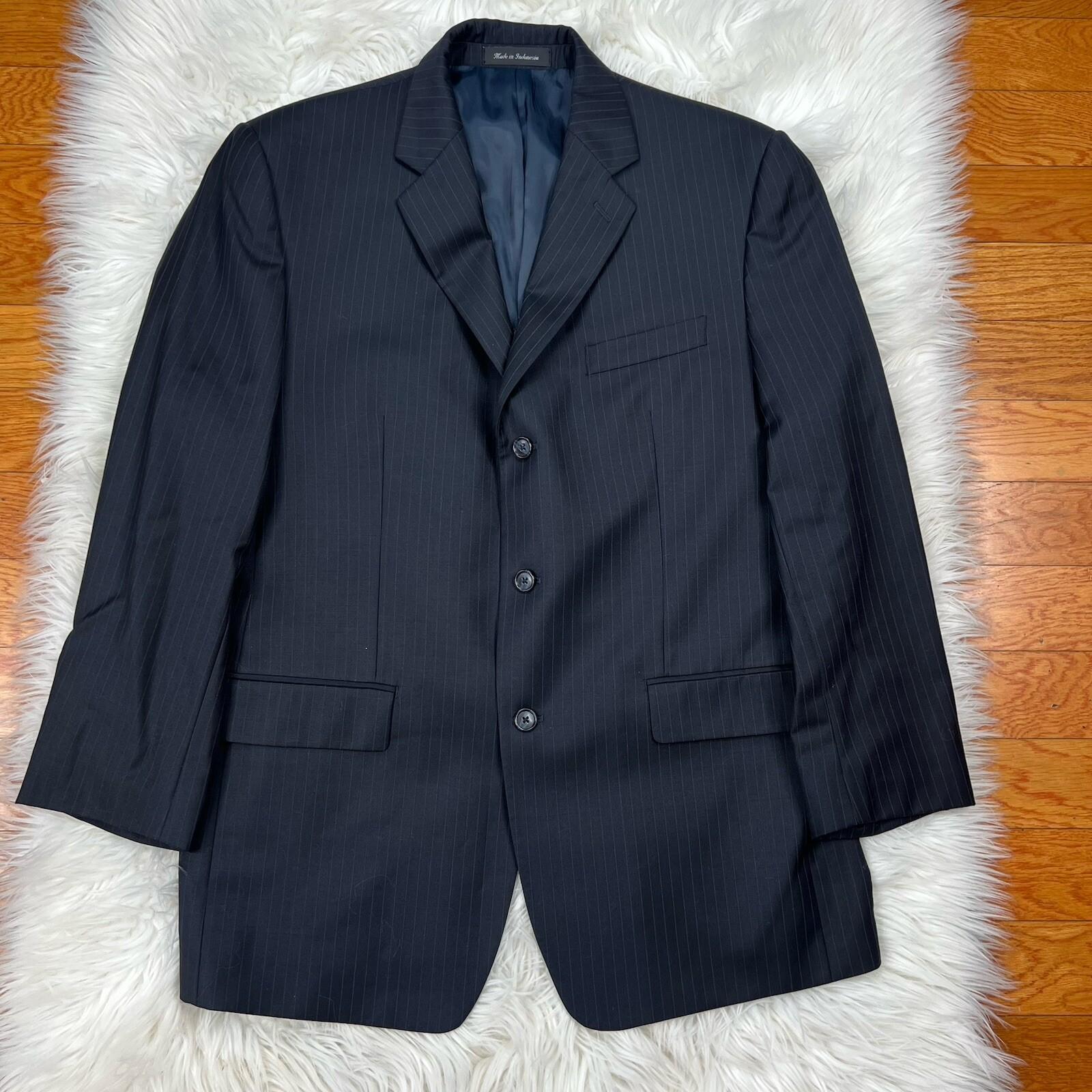 Calvin Klein Wool Suit 42R Pants 35x30 Black Striped Slim Fit Notch Collar 2PC