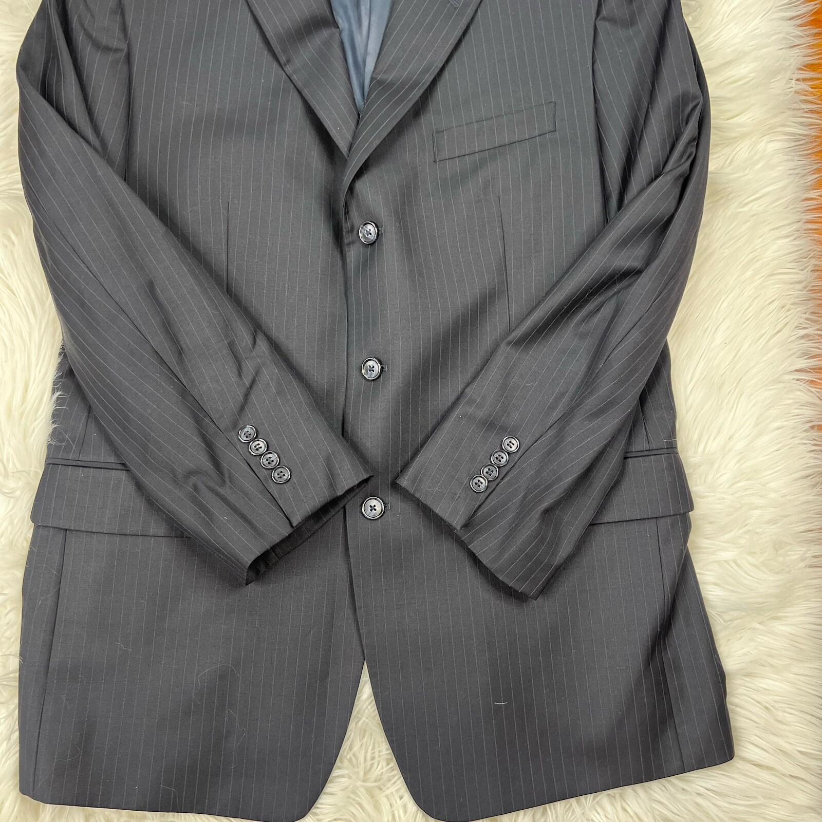 Calvin Klein Wool Suit 42R Pants 35x30 Black Striped Slim Fit Notch Collar 2PC