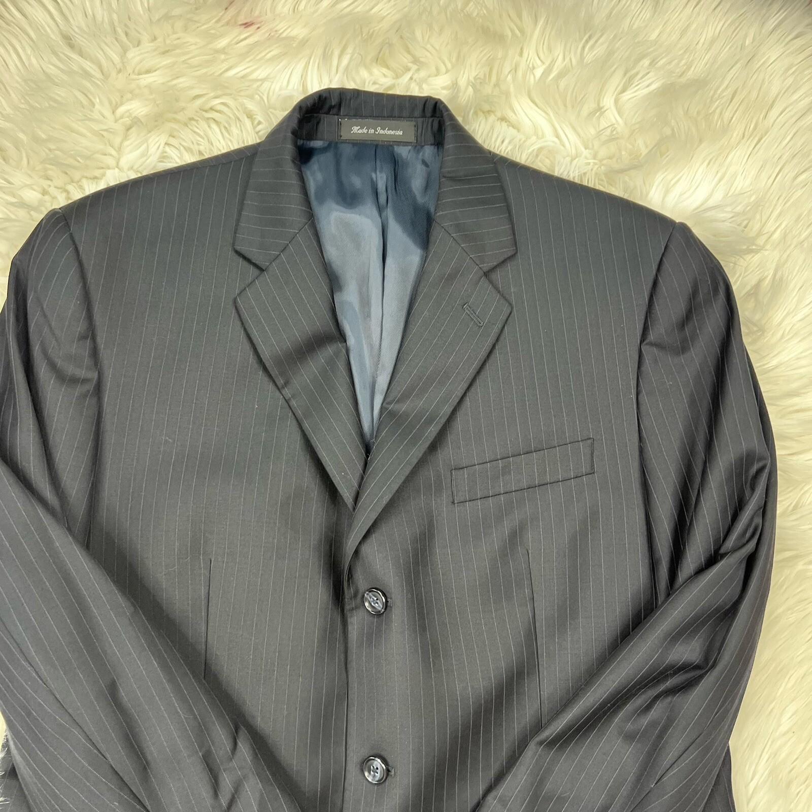 Calvin Klein Wool Suit 42R Pants 35x30 Black Striped Slim Fit Notch Collar 2PC