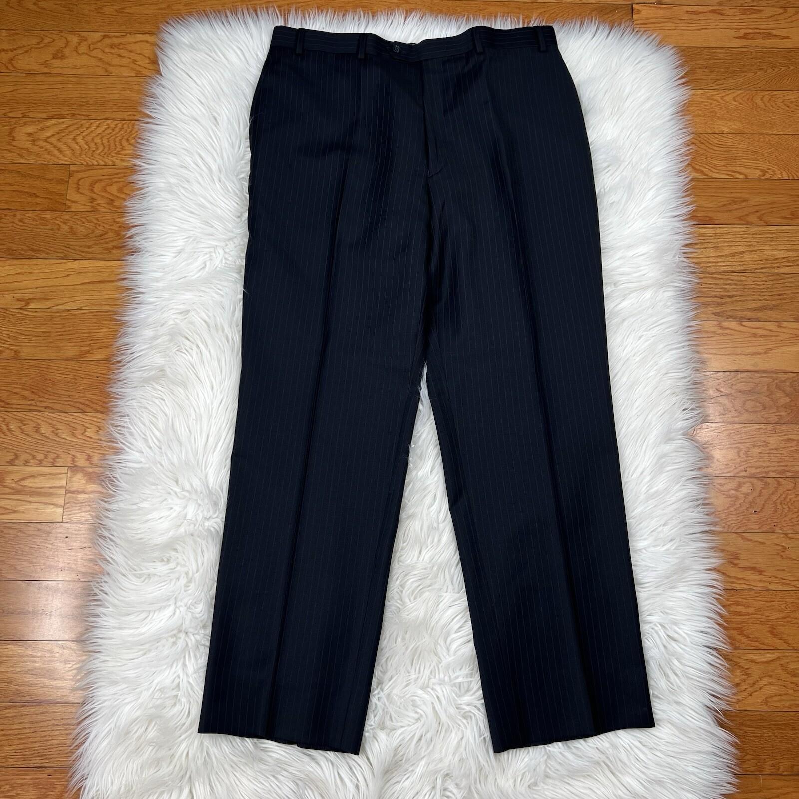 Calvin Klein Wool Suit 42R Pants 35x30 Black Striped Slim Fit Notch Collar 2PC