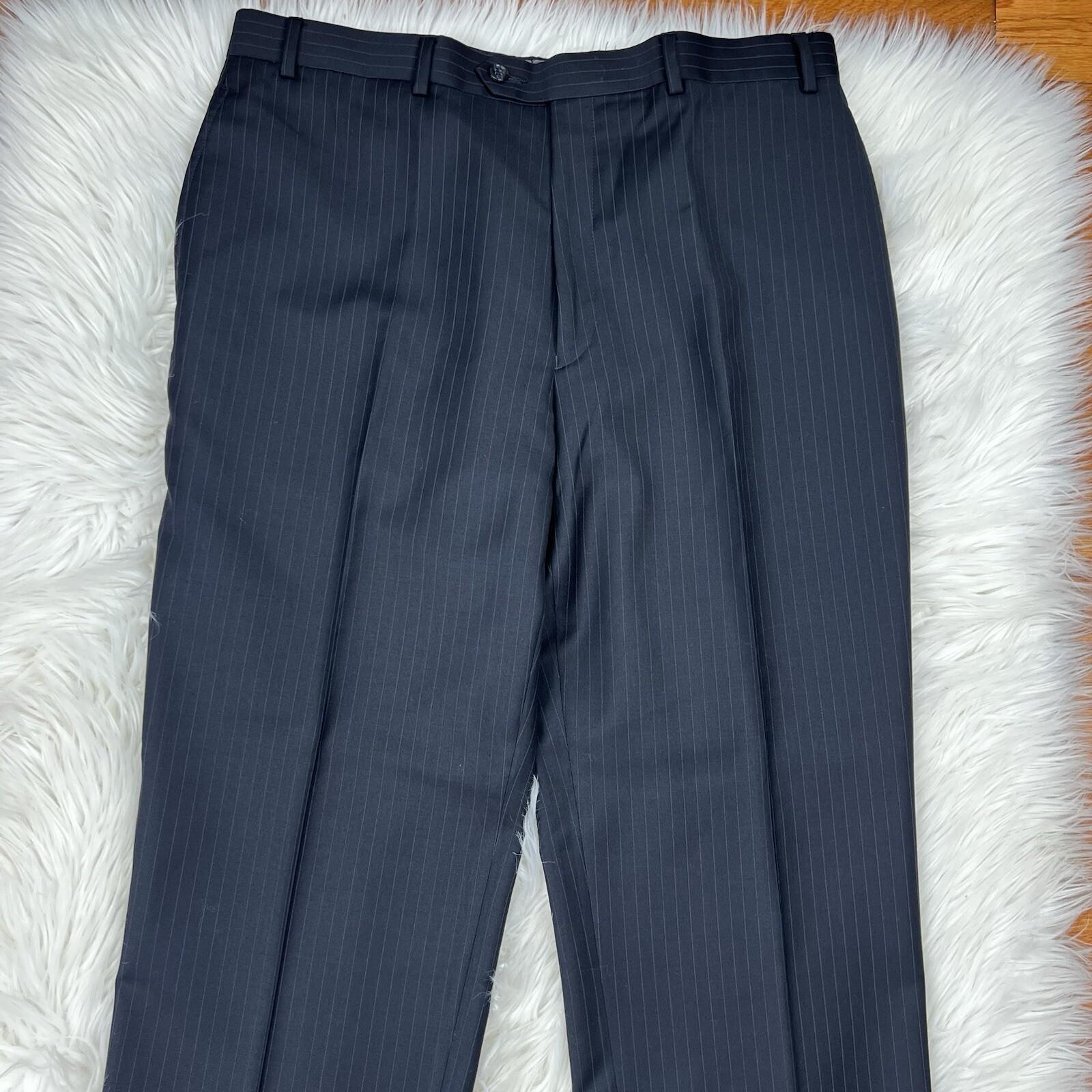Calvin Klein Wool Suit 42R Pants 35x30 Black Striped Slim Fit Notch Collar 2PC