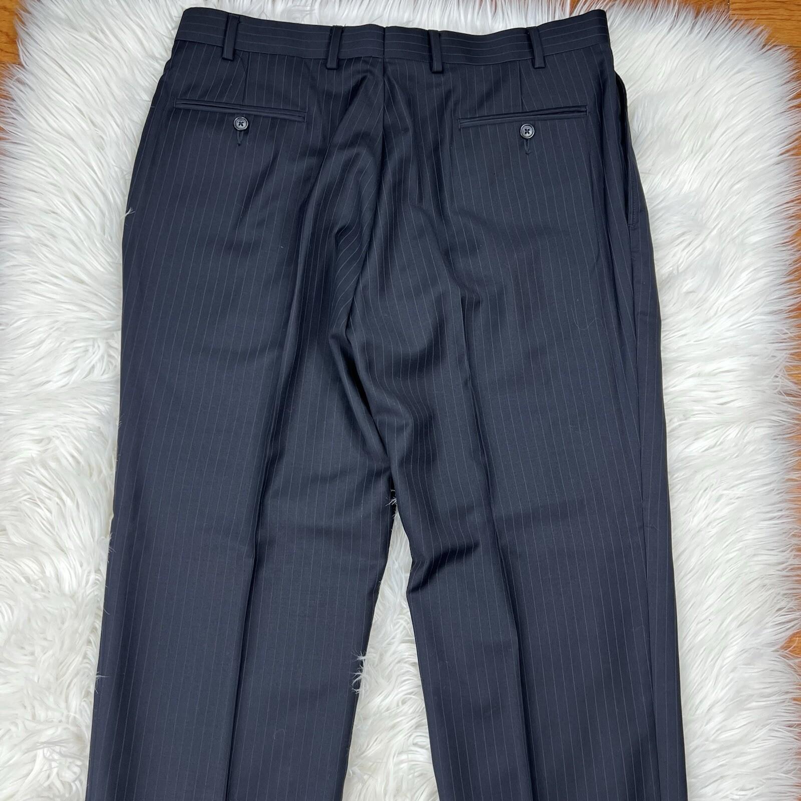 Calvin Klein Wool Suit 42R Pants 35x30 Black Striped Slim Fit Notch Collar 2PC
