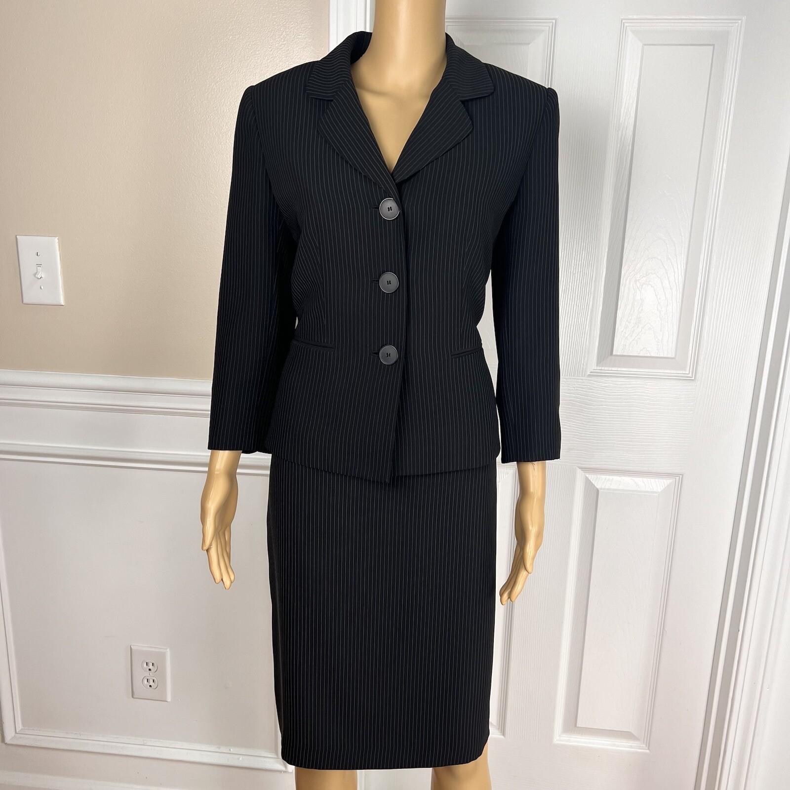 TAHARI ASL Polyester Rayon Skirt Suit Size 8 Black Striped  Notch Collar 2PC