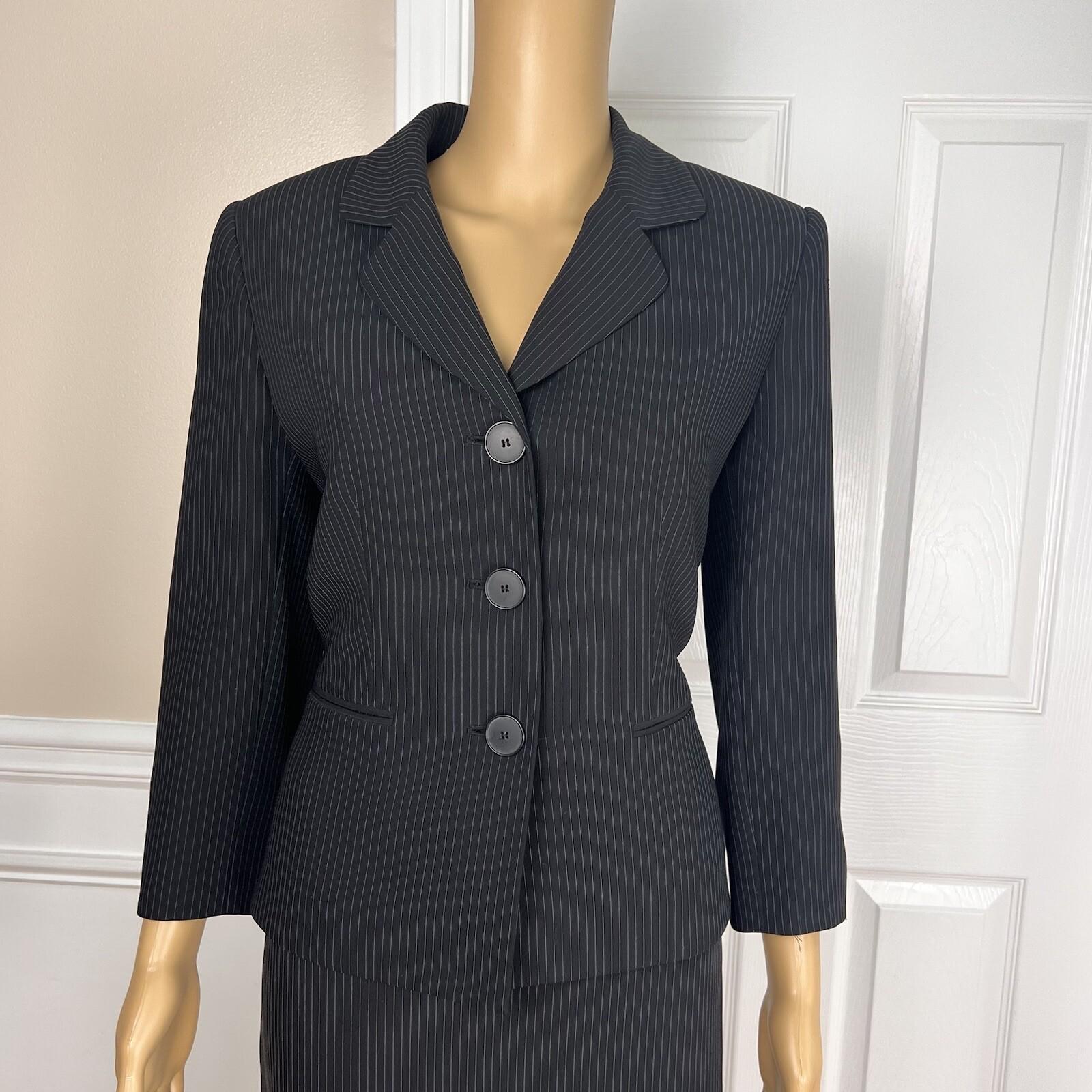 TAHARI ASL Polyester Rayon Skirt Suit Size 8 Black Striped  Notch Collar 2PC