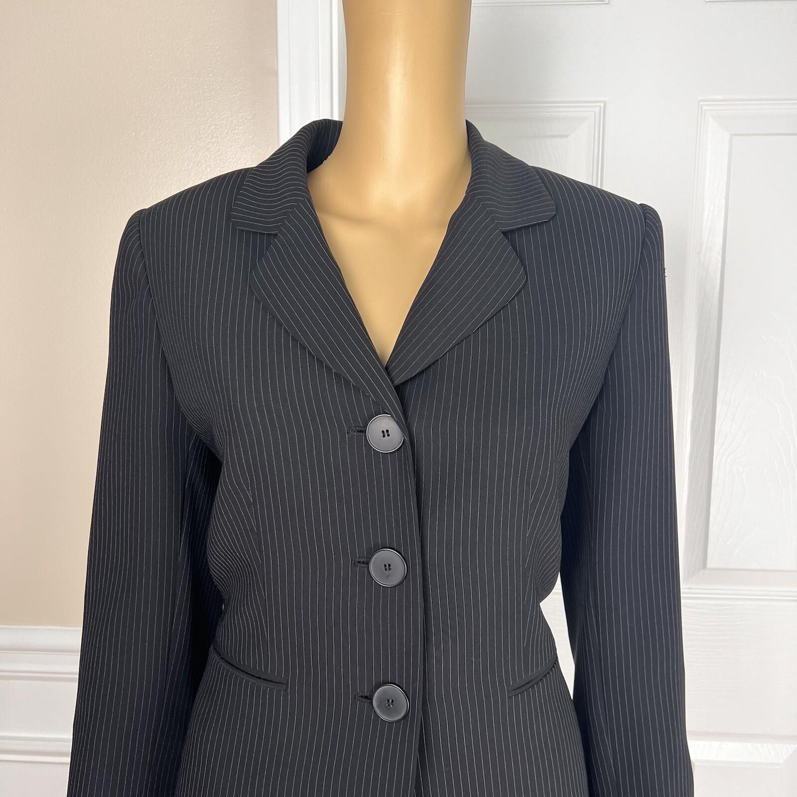 TAHARI ASL Polyester Rayon Skirt Suit Size 8 Black Striped  Notch Collar 2PC