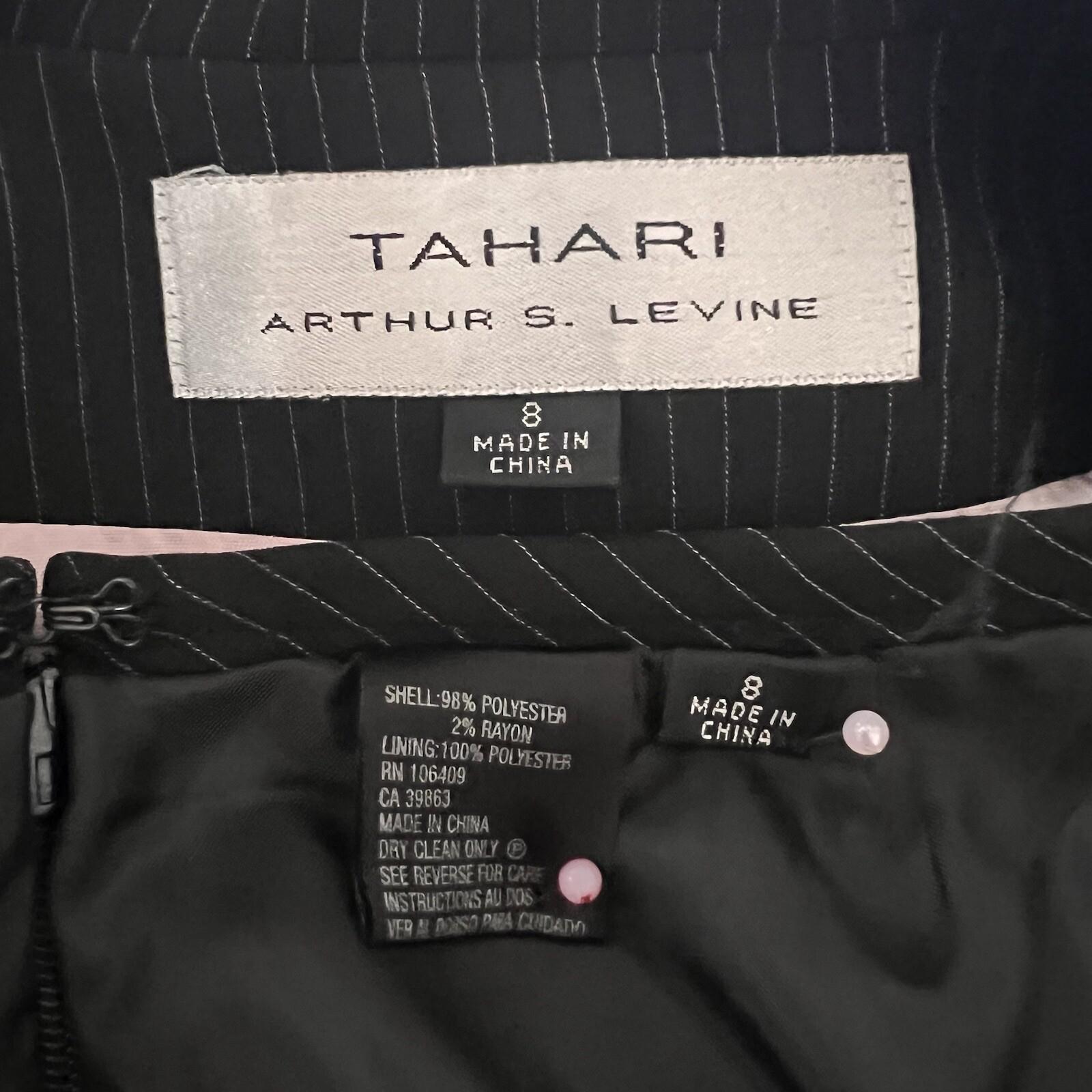 TAHARI ASL Polyester Rayon Skirt Suit Size 8 Black Striped  Notch Collar 2PC
