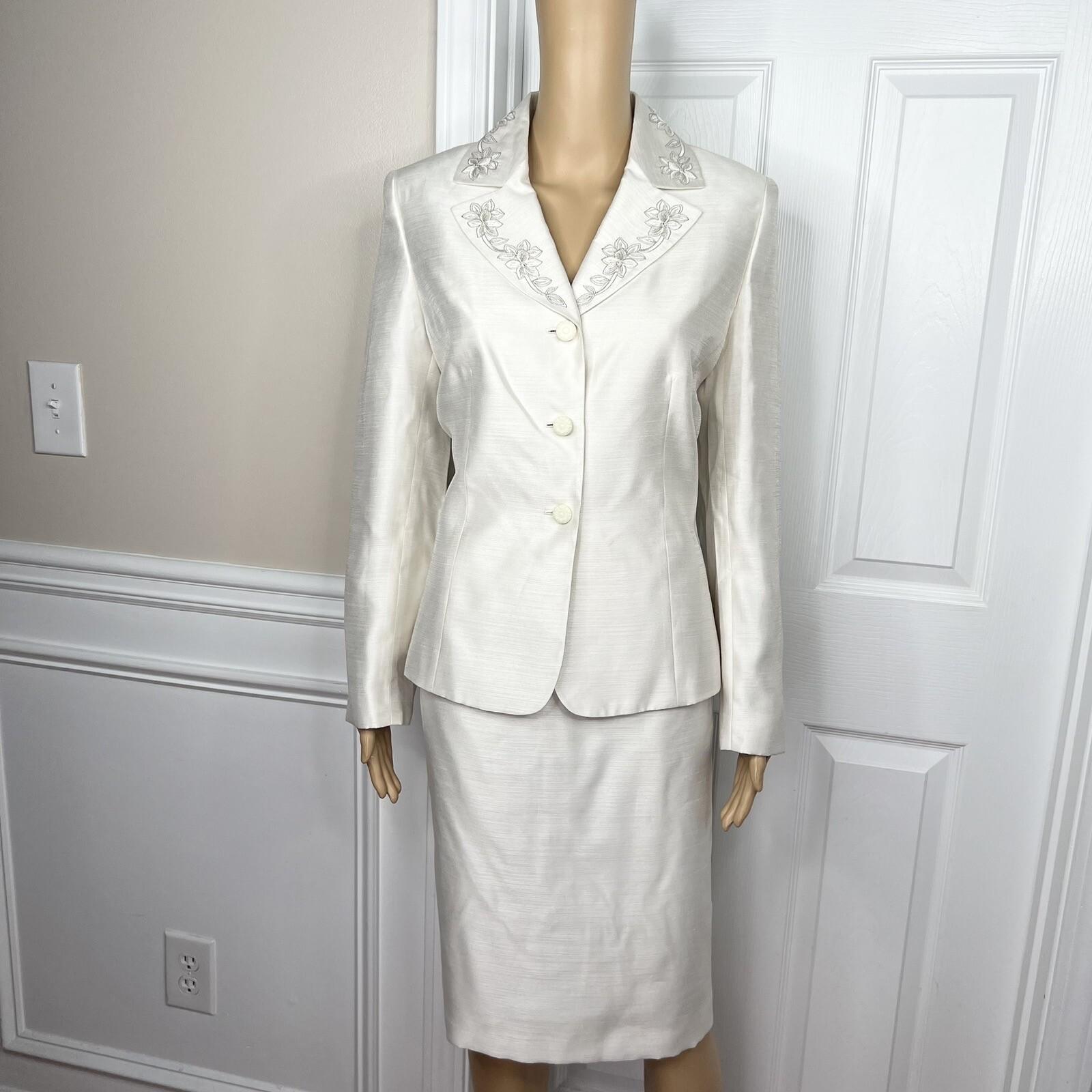 LE SUIT Polyester Rayon Skirt Suit Size 8 Off White Embroidered Beaded 2PC New
