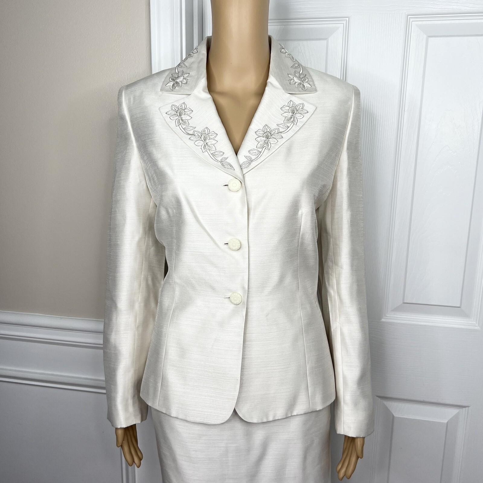 LE SUIT Polyester Rayon Skirt Suit Size 8 Off White Embroidered Beaded 2PC New