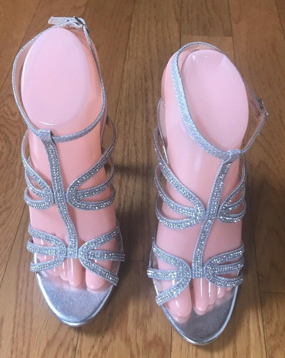 MARC DEFANG Women Beautiful Silver Beaded Evening Sandals Shoes 6.5